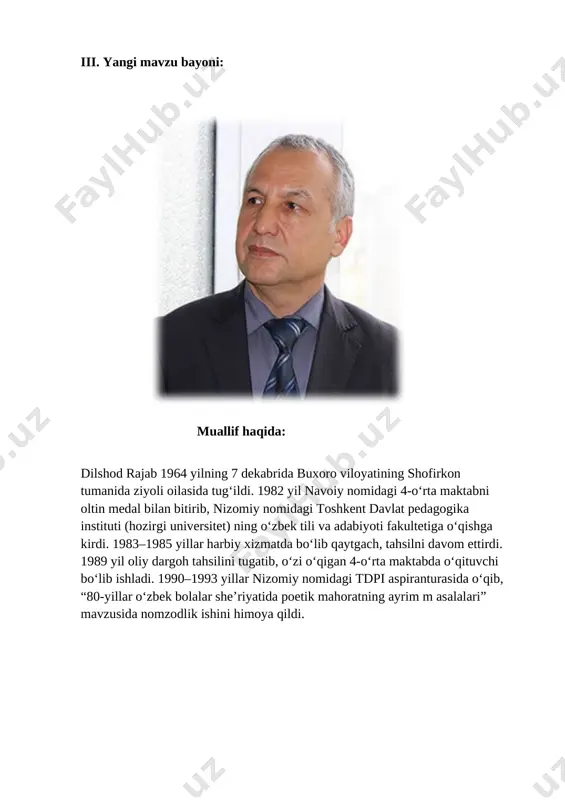 989 yil oliy dargoh tahsilini tugatib, oʻzi oʻqigan 4-oʻrta maktabda oʻqituvchi boʻlib ishladi. 1990–1993 yillar nizomiy nomidagi tdpi aspiranturasida oʻqib, “80-yillar oʻzbek bolalar sheʼriyatida poetik mahoratning ayrim m asalalari” mavzusida nomzodlik ishini himoya qildi. alining kundaligi dilshod rajab alining yosh bo‘lsa ham yaxshi odati bor. har kuni taassurotlarini kundalik daftariga yozib boradi. bugun u bobosi bilan xotira maydoniga bordi. o‘rtada motamsa- ro ona haykali, poyida mangu olov yonmoqda. bobosi maydon ayvonidagi temir kitoblardan birini uzoq varaq- ladi. bir sahifasiga barmog‘ini qo‘ydi. so‘ngra ko‘zoyna- gini taqib, bir nimani pichirlab o‘qidi. yonidagi o‘rindiq- qa alini ham o‘tqazib, duoga qo‘l ochdi. ali bobosini kuzatib, jim turardi. bobosi birdan ma’yus tortib, chuqur xo‘rsindi. ko‘zlarida yosh g‘iltilla- di. keyin unga yuzlanib: «urushdan mening otam bilan akam qaytib kelmadi», — dedi. ali bu holdan g‘alati bo‘lib ketdi. bobosi uning ahvolini sezib: «yurt uchun janglarda qurbon bo‘lganlarni eslab, yodini e’zozlash biz tiriklarning burchimiz», — deb qo‘ydi. keyin …