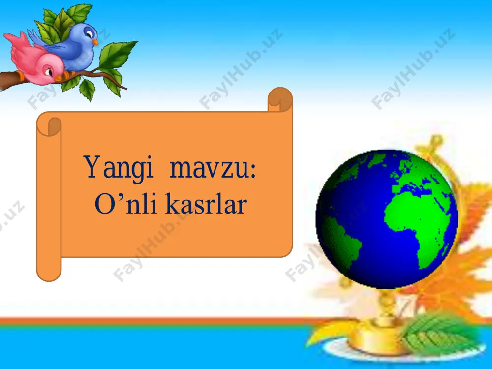 ka yunoncha so’z bo’lib fan,bilim degan ma’noni bildiradi tashkiliy qism ii – guruh “beruniy” iii– guruh “ulug’bek” i – guruh “al xorazmiy” 1-topshiriq: 2 min daftaringizga quyidagi rasmlarda kasr ko’rinishida yozing 2-topshiriq: tezkor savol javoblar 3 2 2 1 3 3 figuraning qaysi qismi bo`yalgan? 3 1 barakalla 3 5 2 1 5 3 figuraning qaysi qismi bo`yalgan? 5 2 barakalla 3 1 3 4 4 3 figuraning qaysi qismi bo`yalgan? 4 1 barakalla 3 1 1 2 4 3 figuraning qaysi qismi bo`yalgan? 2 1 barakalla 3 7 7 7 7 3 figuraning qaysi qismi do`yalgan? 10 7 barakalla 3 2 3 4 5 3 figuraning qaysi qismi bo`yalgan? 5 2 barakalla 3 2 1 2 4 3 figuraning qaysi qismi bo`yalgan? 3 1 barakalla 5 1 4 5 5 3 figuraning qaysi qismi bo`yalgan? 5 4 barakalla 6 4 10 6 4 10 figuraning qaysi qismi bo`yalgan? 10 …
