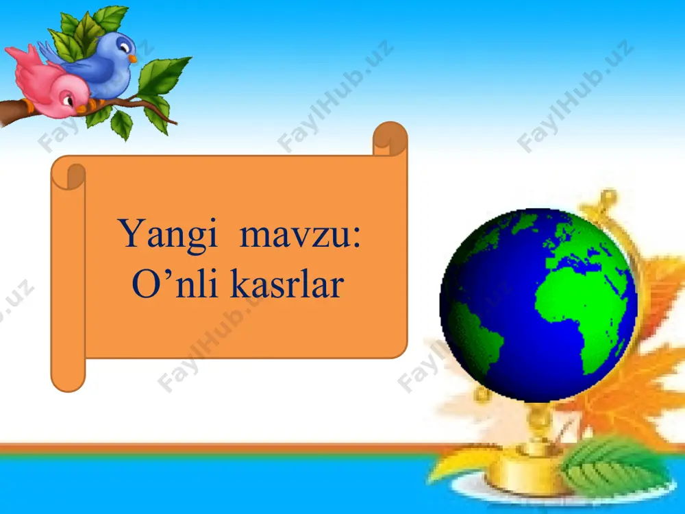 mustahkamlash. o`tilgan darsda “takrorlash” yuzasidan savol-javob o`tkazish, uy vazifasini bajarilishini tahlili o`tkazilib no`to`g`ri bajarilgan misollar yuzasidan ko`rsatma beraman. murojaat uchun tel : 9 78450909 telegram @secret_0909 matematika yunoncha so’z bo’lib fan,bilim degan ma’noni bildiradi murojaat uchun tel : 9 78450909 telegram @secret_0909 tashkiliy qism ii – guruh “beruniy” iii– guruh “ulug’bek” i – guruh “al xorazmiy” murojaat uchun tel : 9 78450909 telegram @secret_0909 uy vazifasini tekshirish 5-6-misol murojaat uchun tel : 9 78450909 telegram @secret_0909 murojaat uchun tel : 9 78450909 telegram @secret_0909 daraxtdan mevalarni kim ko’p to’playdi ta’limiy o’yini orqali o’tilgan mavzuni mustahkamlaymizmurojaat uchun tel : 9 78450909 telegram @secret_0909 murojaat uchun tel : 9 78450909 telegram @secret_0909 murojaat uchun tel : 9 78450909 telegram @secret_0909 murojaat uchun tel : 9 78450909 telegram @secret_0909 murojaat uchun tel : 9 78450909 telegram @secret_0909 dam olish daqiqasi murojaat uchun tel : 9 78450909 telegram @secret_0909 mavzu: o’nli kasrlar murojaat uchun …