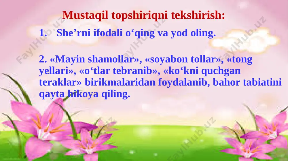 ik xushovoz bilan sayrab, qah-qah urib kulmoqda, uning tumshug‘i qon kabi qizil, qoshi esa qop-qora. qora qarg‘a tumshug‘ini ko‘pirtirib qag‘illaydi, uning ovozi tantiq qizning ovozi kabi yoqimsizdir. gulzorda bulbul ming ohangda navo qilmoqda, tun- kun tinmasdan yoqimli sayramoqda... osmonni bulut qoplagan, yomg‘ir yog‘moqda, gullar yuz ochib qah-qah urib kulmoqda. lug‘at ishi nasimi – mayin shabada, yoqimli shamol bo‘z yer – ekin ekishga yaroqli, lekin uzoq vaqt ekilmay yotgan yer firdavs – jannat bog‘ining nomi harir – ipak, shoyi mato ifor – hushbo‘y, yaxshi hid matndagi ushbu parchalarning qaysi biri yer haqida? uyquga kirgan daraxtlar yana yashil to‘n kiydi, oq, sariq, ko‘k, qizil rangli harir yopinchiqlar bilan bezandi. bo‘z yer yuziga yashil parda tortdi, go‘yo xitoy karvoni ipak matolarini har tomonga yoydi. ushbu matndagi qaysi qushning ovozi “ tantiq qizning ovoziga” o‘xshatildi? mustaqil topshiriq 1. bahorda tabiatda qanday o‘zgarishlar bo‘ladi? 2. «bo‘z yerni alvon rang qopladi», deganda nimani tushunasiz? 3. bahorda …