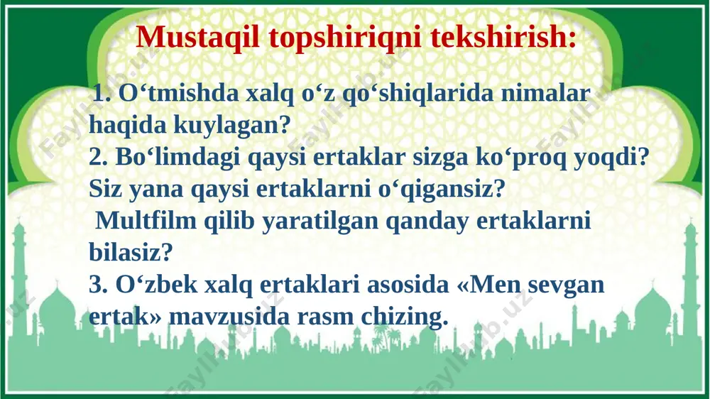 yashnatadi, gullatadi. (fe’l) 3ta ko‘klam ko‘rkin ko‘rdingmi, o‘rtoq. (gap) 1ta ko‘klam. (ma’nodosh so ‘z) 1ta mustaqil topshiriq she’rni ifodali o‘qing va yod oling. 2. «mayin shamollar», «soyabon tollar», «tong yellari», «o‘tlar tebranib», «ko‘kni quchgan teraklar» birikmalaridan foydalanib, bahor tabiatini qayta hikoya qiling.
