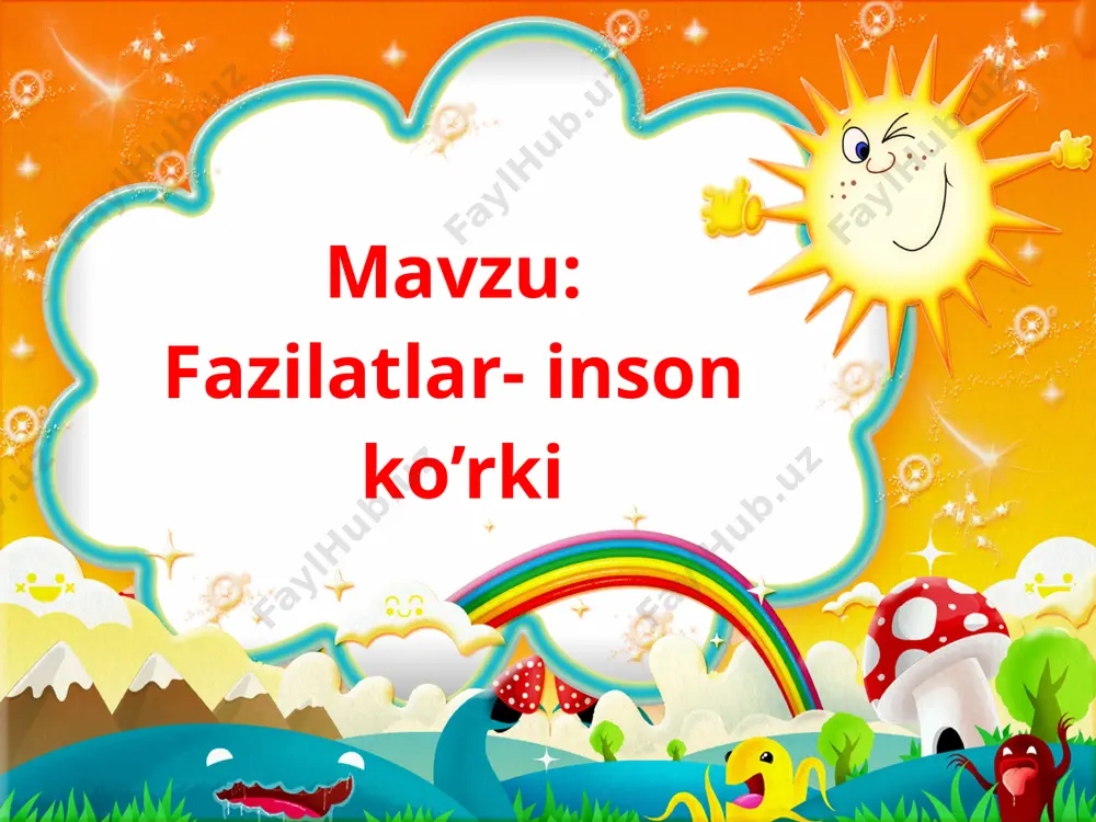 hxabar sen aytayotgan gapingni shu uch g’alvirdan o’tkazaman.agar o’tsa gaping rostligiga ishonaman –degan ekan. a. b. d 1-guruh yaxshi inson ko’rinishini yarating odobli, hurmatli mehribon samimiy,halol, sabri ,ota-onasini,ustozlarini hurmat qiladi gan a. b. d 2-guruh trishqoq inson qanday bo’ladi? mehnatsevar,intiluv chan qiziquvchan,tar tibli,harakatchan a. b. d 3-guruh bilimga chan qoq kishi qanday bo’ladi? o’qishni sevadi,darslarini bajaradi,kitob o’qiydi,izlanadi ,o’z ustida ishlaydi a. b. d 4-guruh tarbiyali in son qanday bo’ladi? odobi,yurish –turishi joyida,kiyim-kechagi toza, hamma joyga vaqtida boradi,ortiqcha hatti-harakat qilmaydi a. b. d guruhlar javoblarini umumlashtirib fazilatli insonga ta’rif berish -barcha yaxshi fazilatlarni o’ziga mujassam lashtirgan inson fazilatli inson bo’ladi hikmatlar yaxshi kishi yaxshilik qila oladigan emas, yomonlik qilishni bilmaydigan kishidir rostgo’ylikda xavf-u xatar ko’rsangiz ham rost so’zlang.shunda najot topasiz qo’lingdan kelsa yaxshilik qil.yaxshilik qila olmasang,hech bo’lmasa,yomonlik qilma yangi mavzuni mustahkamlash eng to’g’riso’z o’quvchi o’zingizning fazilatla- ringizni bilasizmi? yomon odatlaringiz ham bormi? 3 tadan misol yozing a. b. d darsni yakunlash …