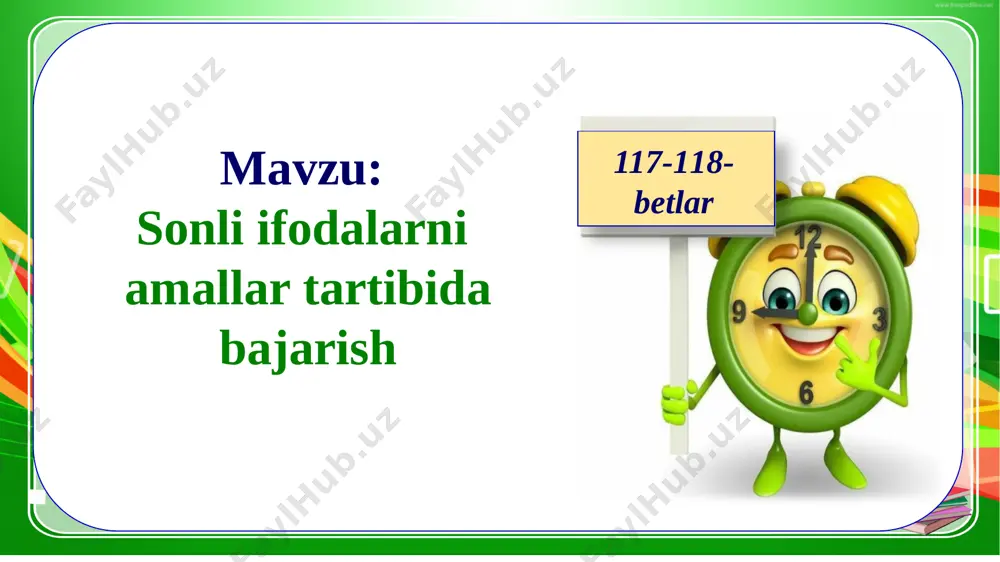 ) 90 · 3 =30 (m2) – 2-maydon javob: 1-maydon 48 m2, 2-maydon 30 m2. 4. misollarni yeching: 1 mustaqil bajaring! (47 926 + 50 378) : (2 101 – 1 845) = ? 556 928 : 304 = ? 2 3 5. rasmda nechta uchburchak tasvirlangan? 5. rasmda nechta uchburchak tasvirlangan? 5. rasmda nechta uchburchak tasvirlangan? 5. rasmda nechta uchburchak tasvirlangan? 5. rasmda nechta uchburchak tasvirlangan? 5. rasmda nechta uchburchak tasvirlangan? 5. rasmda nechta uchburchak tasvirlangan? 5. rasmda nechta uchburchak tasvirlangan? 5. rasmda nechta uchburchak tasvirlangan? rasmda nechta uchburchak tasvirlangan ekan? rasmda 8 ta uchburchak tasvirlangan. mustaqil topshiriq (116-b). 6-topshiriq. ilgari tokar qo‘lda, bir ish kunida 78 ta detal tayyorlar edi. hozir avtomat yordamida bir ish kunida 14 820 ta shunday detal tayyorlaydi. tokarning hozirgi ish unumi ilgarigiga qaraganda necha marta ortiq? 7- topshiriq 30 000 – 33 781 : 83 + 8 076 63 094 + 4 060 …
