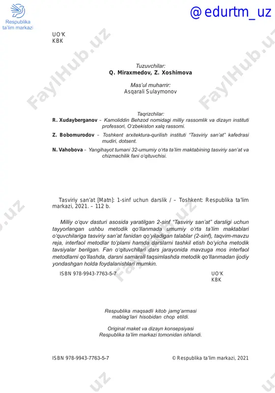 ..........6 2-sinf taqvim-mavzu rejasi...........................................9 interfaol metodlar to‘plami...........................................11 i chorak........................................................................18 tasviriy san’at fanidan 2-sinf darsligi asosida yozilgan dars ishlanmalaridan namunalar...................19 ii chorak.......................................................................49 iii chorak......................................................................68 iv chorak.....................................................................92 @edurtm_uz 4 k i r i s h tasviriy san’at fani barkamol avlod tarbiyasida o‘z o‘rniga ega bo‘lgan fandir. tasviriy san’at fani orqali o‘quvchilarda borliq va san’at­ dagi go‘zalliklarni ko‘ra olish, badiiy did va madaniyat, ijodkorlik, fantaziya va kreativlik shakllantirib boriladi. tasviriy san’at darslari- da o‘quvchilar “grafika”, “haykaltaroshlik”, “rangtasvir”, “kompozitsi- ya” boblarini chorakma-chorak o‘rganib, bu mo‘jizaviy san’at qasriga, nafosat olamiga kirib, tasvirlash san’atining sirlaridan bahramand bo‘ladilar. o‘quvchilar fan nazariyasi va amaliyoti bo‘yicha har bir chorakda zarur bilim va ko‘nikmalarni bosqichma-bosqich o‘zlashtirib boradilar. @edurtm_uz 5 umumiy o‘rta ta’lim o‘quvchilariga tasviriy san’at fanidan qo‘yiladigan talablar kodi 2-sinf estetik madaniyat va ijodkorlikni rivojlantirish kompetensiyasi tasviriy san’atda asosiy va hosila ranglardan ijodkorona foydalanadi. amaliy san’at turlaridan zavqlanadi. fasllarning xarakterli ranglarini va manzarasini tegishli ranglarda badiiy ifodalaydi. o‘z-o‘zini asrash va …