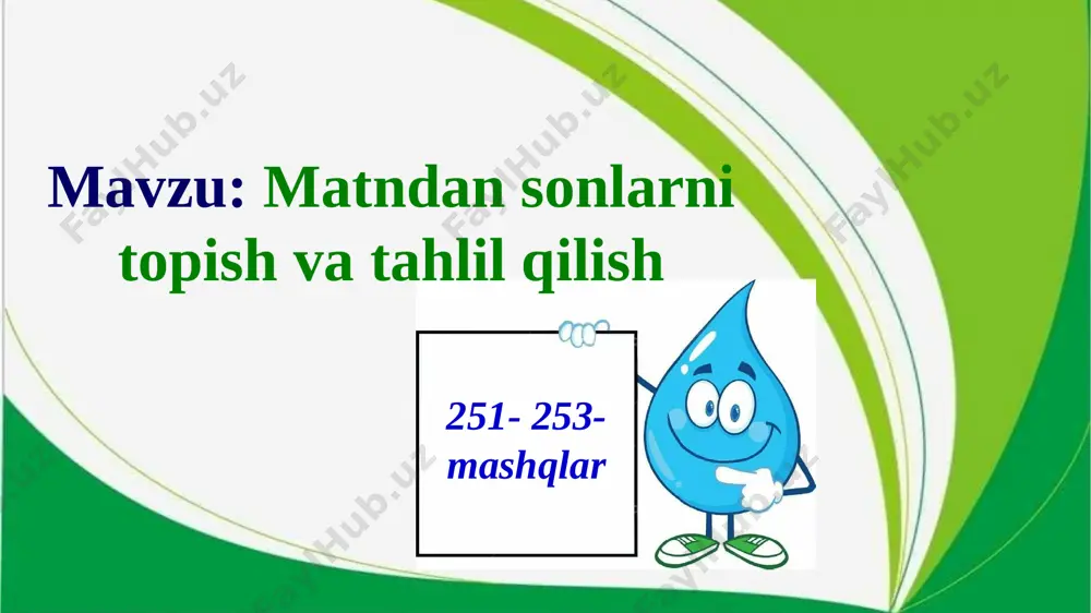 ishga tayyorlaning. fillar necha yil yashaydilar? fillar 70-80 yil yashaydilar. sonlarni tahlil qilish tartibi: so‘rog‘i, turkumi ma’no turi asos va qo‘shimchasi qaysi so‘zga bog‘langanligi nima vositasida bog‘langanlgi gapdagi vazifasi 252-mashq. o‘qing. sonlarni tahlil qiling. 1. men to‘rtinchi sinfda o‘qiyman. 2. bir yil to‘rt fasldan iborat. namuna: to‘rtinchi – nechanchi?, son, tartib son, to‘rt –asos, -inchi – tartib son qo‘shimchasi, sinf so‘ziga (otga) ohang yordamida bog‘langan, ikkinchi darajali bo‘lak vazifasini bajargan. davomini mustaqil bajaring. 5-topshiriq. “koala” haqida qiziqarli ma’lumotni tinglab, matnda ishtirok etgan sonlarni eslab qoling va o‘zi bog‘langan so‘z bilan birga yozing. multimediya namoyish etiladi 5-topshiriq. javobingizni tekshirib ko‘ring. 60 cm – 2 cm – 8 oy – 2 yil, 6 oy – 4 fasl – koalaning bo‘yi; yangi tug‘ilgan koala; onasini opishib yuradi; bolasini ko‘tarib yuradi; evkalipt barglarini yeydi. mustaqil topshiriq image1.jpeg image2.jpeg image3.jpeg image4.jpeg image5.png image6.jpeg image7.png image8.png image9.png image10.jpeg image11.png image12.png image13.png