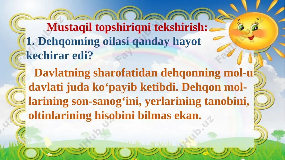 mayda. sen po‘stidan judo qil, somoni senga foyda. “xo‘p hayda” qo‘shog‘i qachon kuylangan? xosil yig‘ilgandan so‘ng kuzda bahorda she’rda qaysi jonivor ishtirok etgan? xo‘kiz eshak tuya ot 18 xirmon egasi otini qanday so‘zlar bilan erkalatadi? “xirmonni qilgin mayda” “somoni senga foyda” “qalqwon qulog‘im”, “temir tuyog‘im” 19 1. «xo‘p hayda» qo‘shig‘i qaysi paytda aytilgan? 2.xirmon egasi otini qanday so‘zlar bilan erkalatadi? uning erkalatishining sababi nimada? mustaqil topshiriq image1.png image2.jpeg image3.jpeg image4.jpeg image5.png image6.jpeg image7.jpeg image8.jpeg image9.png image10.jpeg
