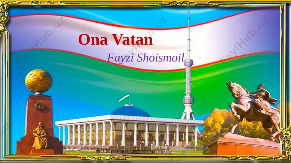 ona yurting omon bo‘lsa, rangi-ro‘ying somon bo‘lmas. baliq suv bilan tirik, odam – el bilan. tug‘ilgan yerdan ko‘ngil uzilmas, yurt qo‘riganning yurti buzilmas. sinkveyn 1. vatan (nima?) 2. aziz, bepoyon (qanday?) 3. o‘stiradi, tarbiyalaydi, o‘qitadi (nima qiladi?) 4. jonajon o‘zbekistonim, mangu bo‘l omon! (gap) 5. yurt ( ma’nodosh so‘z) 1. vatan himoyachilari deganda kimlarni tushu-nasiz? 2. bo‘limdagi asarlardan ajdodlarimizning do-noligi, topqirligi ifodalangan o‘rinlarni topib, daftaringizga yozing. 3.vatan uchun jonini fido etgan qahramonlardan kimlarni bilasiz? 4. biz nima uchun ular bilan faxrlanamiz? mustaqil topshiriq: image1.png image2.jpeg image3.png image4.jpeg image5.jpeg image6.png image7.jpeg image8.png image9.jpeg image10.jpeg image11.png image12.png image13.png
