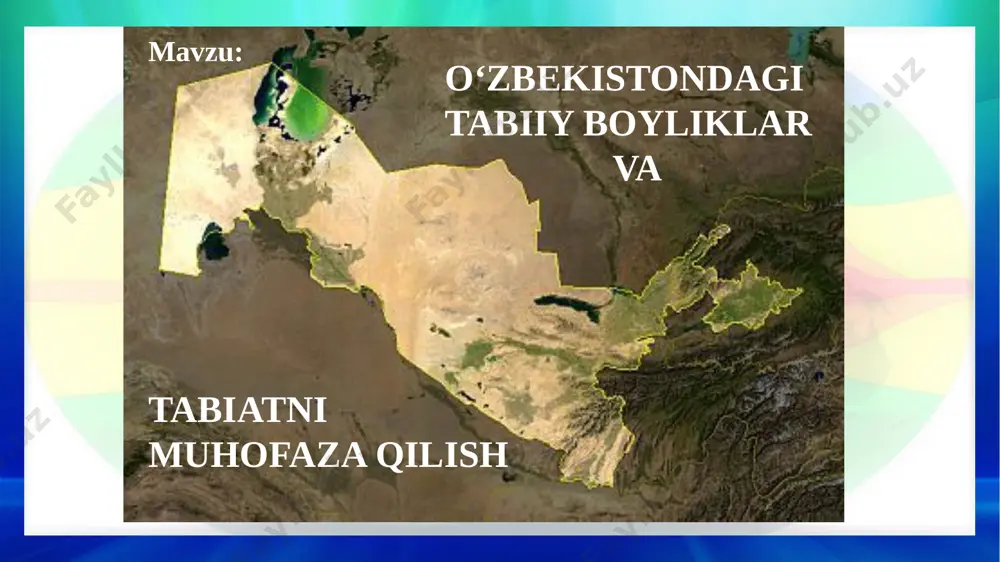 iiy boyliklar. o‘lkamiz ayniqsa quyosh nurlariga boy. chunki yil davomida bulutli kunlar kam bo‘lib, quyosh nur sochib turadi. shuning uchun ham mamlakatimiz «serquyosh o‘lka» deyiladi. bugungi kunda quyosh nurlaridan ko‘p miqdorda elektr energiyasi olinmoqda. qayta tiklanadigan tabiiy boyliklar. qayta tiklanadigan tabiiy boyliklarga esa o‘simliklar, hayvonlar, tuproqlar va suvlar kiradi. ular inson tomonidan ko‘p foydalanilishi oqibatida kamayib, nobud bo‘lishi mumkin. lekin ma’lum vaqt foydalanilmay turilsa yoki parvarish qilinsa yana o‘z holiga qaytadi. hozirgi paytda mamlakatimiz hududida o‘simliklarning 11 000 ga yaqin turi, hayvonlarning 15 600 dan ortiq turi mavjud. lekin ularning ko‘pchiligi yo‘qolib ketish arafasida. shuning uchun o‘simliklar va hayvonlardan ehtiyotkorona foydalanish zarur. qayta tiklanadigan tabiiy boyliklar. ayniqsa, tuproq qoplamining qayta tiklanishi juda qiyin. chunki u hozirgi holatga kelgunicha ming yillar kerak bo‘ladi. shuning uchun tuproqni yuvilib ketishdan va turli xil chiqindilar bilan ifloslanishidan muhofazalab foydalanish kerak. qayta tiklanadigan tabiiy boyliklar. mamlakatimizda suv hamma joyda bir xil taqsimlanmagan. zilol suvli, sersuv …