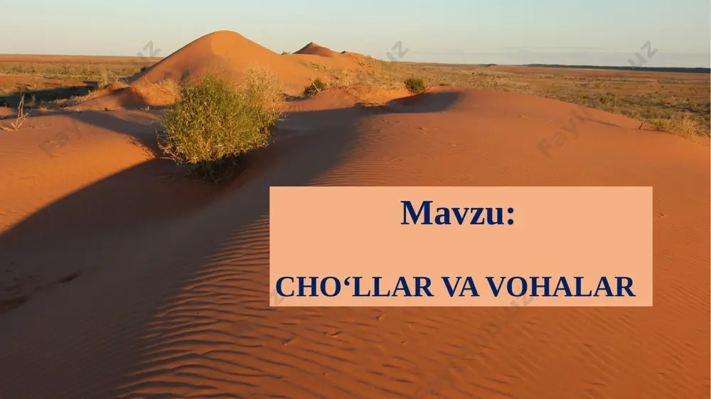 di. gilli cho‘llarda, qotgan va yorilib ketgan joylarda turli shakllarni hosil qilgan taqir yerlar mavjud. cho‘l qurg‘oqchil va havosi issiq bo‘lgani uchun o‘simliklar kam o‘sadi. o‘t o‘simliklar, asosan, biroz yomg‘ir yog‘adigan bahor boshlarida o‘sib, qurg‘oqchil yozda qurib qoladi. saksovul, yantoq kabi o‘simliklar qurg‘oqchil sharoitga moslashgan. bu o‘sim- liklarning ildizi juda uzun bo‘lib, yerosti suvlaridan to‘yinadi. o‘zbekiston hududining yarmiga yaqinini cho‘llar egallagan. o‘lkamiz hududida qizilqum, ustyurt, mirzacho‘l, qarshi, qarnobcho‘l cho‘llari mavjud. cho‘llarda yoz mavsumi 5–6 oy davom etib, havo harorati soya joyda +50°c gacha ko‘tariladi, qum esa +80°c gacha qiziydi. bu davrda yog‘in yog‘maydi. keng cho‘llar ustida issiq shamol esib, o‘zi bilan qum va changlarni olib keladi. bunday sharoit o‘simlik va hayvonlar uchun halokatlidir. o‘lkamiz cho‘llarida bahor boshlarida va kuz oxirlarida oz miqdorda yomg‘ir yog‘adi. qishda havo harorati -20°c gacha sovuq bo‘lib, qor yog‘adi. cho‘llarda yantoq, shuvoq, tereskan, jung‘or, gulsapsari, nashtarbarg, merendera, cho‘l yulg‘uni, sassiqqavron, saksovul, juzg‘un, quyonsuyak, oqtikan kabi o‘simliklar …