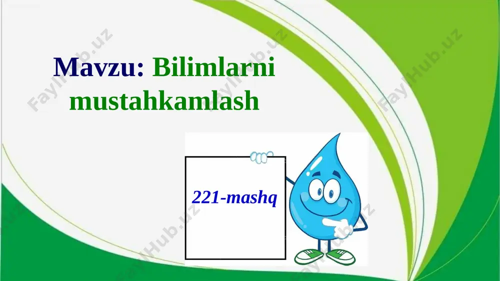 hil. o‘tilganlarni takrorlab, bilimlarni mustahkamlaymiz. 1 2 3 4 6 5 7 8 b d a b a b d b 5 sifatni tahlil qilish tartibi: 1. 3. 2. 4. 5. 6. so‘rog‘i, turkumi. ma’no turi. asos va qo‘shimchasi. qaysi so‘zga bog‘langanligi. nima vositasida bog‘langanligi. gapdagi vazifasi. 221-mashq. maqollarni o‘qing. sifatlarni topib, tahlil qiling. 1. 2. 3. hunarli kishi xor bo‘lmas. halol mehnat – yaxshi odat. tikansiz gul bo‘lmas, mashaqqatsiz – mehnat. 221-mashq. maqollarni o‘qing. sifatlarni topib, tahlil qiling. 1. 2. 3. hunarli kishi xor bo‘lmas. halol mehnat – yaxshi odat. tikansiz gul bo‘lmas, mashaqqatsiz – mehnat. namuna: 221-mashq. hunarli – qanday?, sifat; hunar – asos, -li – sifat yasovchi qo‘shimcha; xususiyat ma’nosini bildiradi; kishi so‘ziga (otga) ohang yordamida bog‘langan; ikkinchi darajali bo‘lak vazifasini bajargan. “do‘stlik” mavzusida matn yozing. mustaqil topshiriq image1.jpeg image2.jpeg image3.jpeg image4.jpeg image5.png image6.jpeg image7.jpeg image8.jpeg image9.jpeg image10.jpeg
