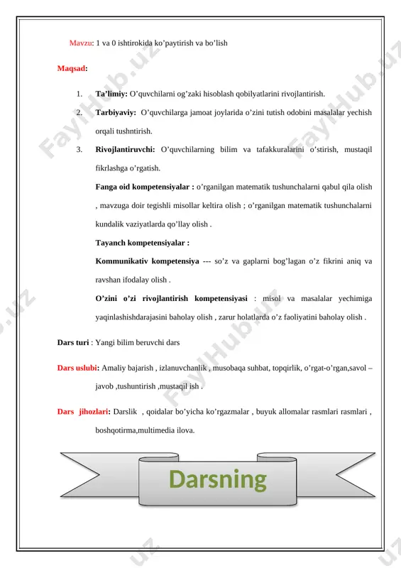 va uy vazifasini tekshirish . 2.kichik guruhlarda ishlash . 3.yangi mavzuni tushuntirish 4.misol va masalar yechish 5.dam olish daqiqasi 6.misol va masalalar yechish savol – javob .izlanish topqirlik tushuntirish izlanish tinglab aytadilar izlanish 5 daqiqa 4 daqiqa 10 daqiqa 6 daqiqa 2 daqiqa 4 daqiqa 4- bosqich mustahkamlash tarqatma materiallar yozilgan misollarni yechish izlanish 4 daqiqa 5- bosqich dars yakuni va baholash o’quvchilarning darsdagi ishtirokiga qarab rag’batlantirish va baholash baholash 3 daqiqa 6- bosqich uyga vazifani tushuntirish 6- masala va 7 – misolni bajarishini tushuntirish tushuntirish 2 daqiqa 1.tashkiliy qism o’qituvchi sinfga kirib o’quvchilar bilan salomlashishi bilan sinfda dars shiori yangraydi . bilmaganni so’rab o’rgangan olim orlanuib so’ramag o’ziga zolim navbatchi hisobotii tinglash sinfda men navbatchi tayyor barcha o’quvchi xonamiz ham ozoda topshirdim men xonzoda darsni boshlashdan avval siyosiy bilimlarni mustahkamlash . davlatimiz tomonidan biz yoshlar uchun yaratilayotgan imkoniyatlar, shart –sharoitlar o’quvchilar aytadilar doskada elektron variantda slaydda gul barglari to’ldiriladi …
