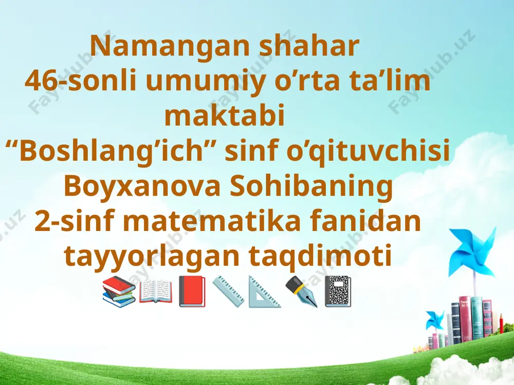 do’konda 54 juft ayollar poyabzali👠,undan 7 juft kam erkaklar poyabzali👞 sotildi.necha juft erkaklar poyabzali sotilgan?👞 ❓❓❓❓❓❓❓❓❓❓❓❓❓ masalaga qisqa shart tuzib yozamiz sotildi: ayollar poyabzali ➖ 57 juft 👠 erkaklar poyabzali ➖❓,7 juft kam👞 yechish: 57-7=50 javob : erkaklar poyabzali 50 juft sotilgan. 2- misol jadval asosida berilgan misollarni yeching kamayuvchi 58 77 64 52 50 70 63 ayriluvchi 32 13 26 24 24 34 45 ayirma 26 64 38 28 26 36 18 3- misol 43+8=51 32-7=25 64-7=54 13-7=6 18-9=9 54-8=46 16-9=7 73-9=64 4- misol qavslarni to’g’ri qo’ying 80-(50+10)=20 100-(40+50)=10 90-(40+20)=30 50-(22+8)=20 40-(10+20)=10 50-(7+3)=40 dam olish daqiqasi: maqollarni yoddan ayting ⚡sanamay 8 dema ⚡ 7 o’lchab 1 kes ⚡ 2 yorti 1 butun mustahkamlash ⭐ayirishni qanday tekshiramiz? ⭐qanday burchak turlarini bilasiz? ⭐goniya deb nimaga aytiladi? 46-betdagi 6-7 misol va masalalar yechish uyga vazifa: darsda faol qatnashgan o’quvchilar baholanadi. e’tiboringiz uchun rahmat. ⭐🌟🌠🌟🌟⭐🌠 image2.png image6.gif image5.jpg image7.gif image8.jpg image9.jpg image10.jpg image1.png …