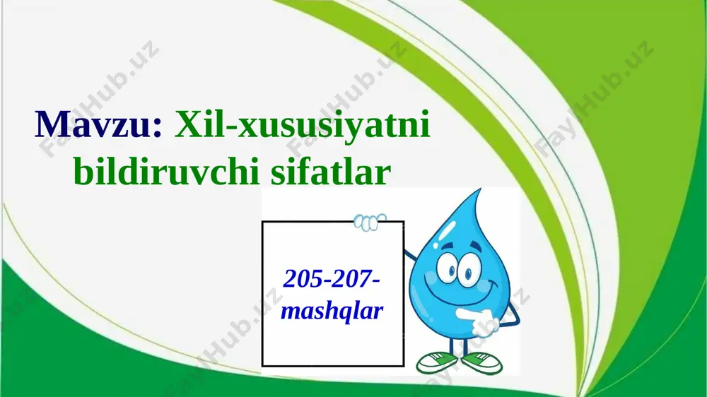 m a’lo bobom oqil bobom adolatli bobom amir temur 1336-yil, 9-aprelda shaxrisabzda tug‘ilgan. asl ismi : amir temur ko‘ragoniy ibn amir tarag‘ay ibn amir burqul 206-mashq. o‘qing. matnni qismlarga bo‘ling. har bir qism asosida reja tuzing. reja asosida matn mazmunini qayta hikoyalab yozing. xususiyat bildirgan sifatlarni aniqlab tagiga tegishlicha chizing. mustaqil topshiriq 207- mashq. 4-sinf “o‘qish kitobi”dagi oybekning “alisherning yoshligi” asarini o‘qing. alisherga va kiyikka xos bo‘lgan xususiyat bildirgan sifatlarni ko‘chiring. 4-sinf. o‘qish darsligi ( 31-33-betlar) e’tiboringiz uchun rahmat! image1.jpeg image2.jpeg image3.jpeg image4.jpeg image5.png image6.png image7.png image8.png image9.png image10.png image11.png image12.png image13.jpeg image14.png image15.png image16.png image17.png image18.png image19.jpeg image20.jpeg