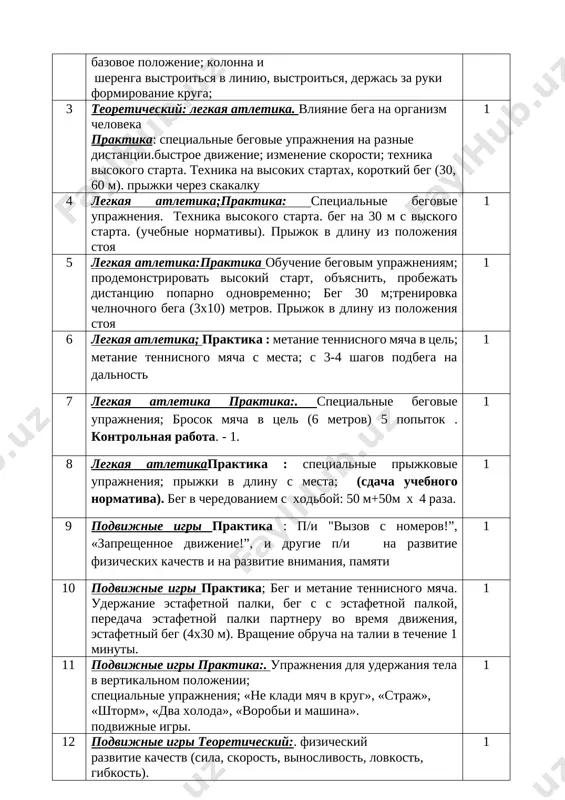 4 shagov podbega na dalnost 1 7 legkaya atletika praktika:. spetsialnie begovie uprajneniya; brosok myacha v tsel (6 metrov) 5 popitok . kontrolnaya rabota. - 1. 1 8 legkaya atletikapraktika : spetsialnie prijkovie uprajneniya; prijki v dlinu s mesta; (sdacha uchebnogo normativa). beg v cheredovaniem s xodboy: 50 m+50m x 4 raza. 1 9 podvijnie igri praktika : p/i "vizov s nomerov!”, «zapreshennoe dvijenie!”, i drugie p/i na razvitie fizicheskix kachestv i na razvitie vnimaniya, pamyati 1 10 podvijnie igri praktika; beg i metanie tennisnogo myacha. uderjanie estafetnoy palki, beg s s estafetnoy palkoy, peredacha estafetnoy palki partneru vo vremya dvijeniya, estafetniy beg (4x30 m). vrashenie obrucha na talii v techenie 1 minuti. 1 11 podvijnie igri praktika:. uprajneniya dlya uderjaniya tela v vertikalnom polojenii; spetsialnie uprajneniya; «ne kladi myach v krug», «straj», «shtorm», «dva xoloda», «vorobi i mashina». podvijnie igri. 1 12 podvijnie igri teoreticheskiy:. fizicheskiy razvitie kachestv (sila, …