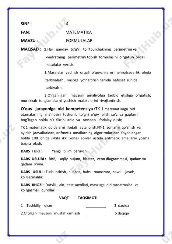 ilgan mavzu murakkab tenglamalar bo’lgani uchun shu mavzu mustahkamlanadi. doskaga 2 nafar o’quvchi chiqariladi va ularga tenglama yozib beriladi. 2 nafar o’quvchi mustaqil ravishda tenglamani ishlagunga qadar o’quvchilar bilan 5 ta mavzuga oid test berilib mavzu mustahkamlanadi. (12200-x):70=130 x:20-160=2160 12200-x=130*70 x:20=2160+160 12200-x=9100 x:20=2320 x=12200-9100 x=2320*20 x=3100 x=46400 tekshirish: tekshirish: (12200-3100):70=130 46400:20-160=2160 9100:70=130 2160=2160 130=130 doskada misollar ishlab bo’lingandan keyin tekshirilib o’quvchilar rag’batlantirilib boriladi.qolgan o’quvchilar sheriklari bilan daftarlari almashiladi va o’qituvchi test javobini o’qiydi bolalar tekshiradi.daftarlar tekshirib bo’lingandan keyin kim nechta xató qilgani aniqlanadi. 3. yangi mavzu bayoni yangi mavzuni boshlashdan oldin dam olish daqiqasi o’tkaziladi fanlarning eng sarasi qo’shish, ayirish , chizmasi kerak bo’lar har onda matematika zo’r fanda! monitordan quyidagilar ko’rsatiladi: --quyidagilardan to’g’ri to’rtburchakni qaysi rangda ekanligini ayting? --nima uchun? --juda to’g’ri qizil rangda. b demak bo’yi 3 cm, eni 5 cm bo’lgan to’g’ri to’rtburchak. a kerak. a doskaga quyidagi metod ilinadi va o’quvchilardan to’g’ri to’rtburchak haqida bilaman , …