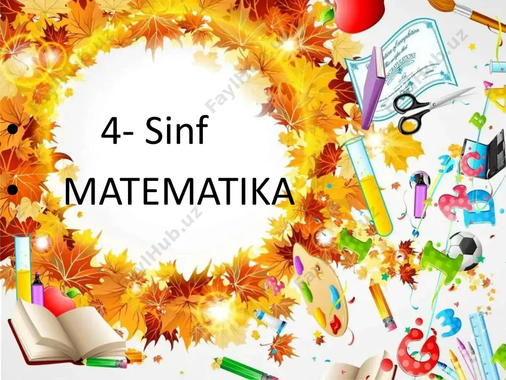 rimetrini toping. p=4a=4*3=12 3. omborga 54 yashik olma va 36 yashik n ok keltirildi. ertalab do‘konlarga 45 yashik h o‘l meva jo‘natildi. omborda necha yashik ho‘l meva qolgan? javob: 54+36=90 90-45=45 qoldi • 3-misol. to‘g‘ri to‘rtburchakning tomonl arini a (bo‘yi) va b (eni) harflari,yuzini es a s harfi bilan belgilang.ushbu s = a•b to ‘g‘ri to‘rtburchakning yuzini topish form ulasi yordamida jadvalni to‘ldiring 3. omborga 54 yashik olma va 36 yashik n ok keltirildi. ertalab do‘konlarga 45 yashik h o‘l meva jo‘natildi. omborda necha yashik ho‘l meva qolgan? javob: 54+36=90 90-45=45 qoldi • 4-misol. 60•x = 42 600 + 12 000 x : 180 = 27 000 – 25 000 60x=54600 x:180=2000 x=910 x=320000 3. omborga 54 yashik olma va 36 yashik n ok keltirildi. ertalab do‘konlarga 45 yashik h o‘l meva jo‘natildi. omborda necha yashik ho‘l meva qolgan? javob: 54+36=90 90-45=45 qoldi • 5-misol. bolalar yozgi oromgohiga jami 1 …