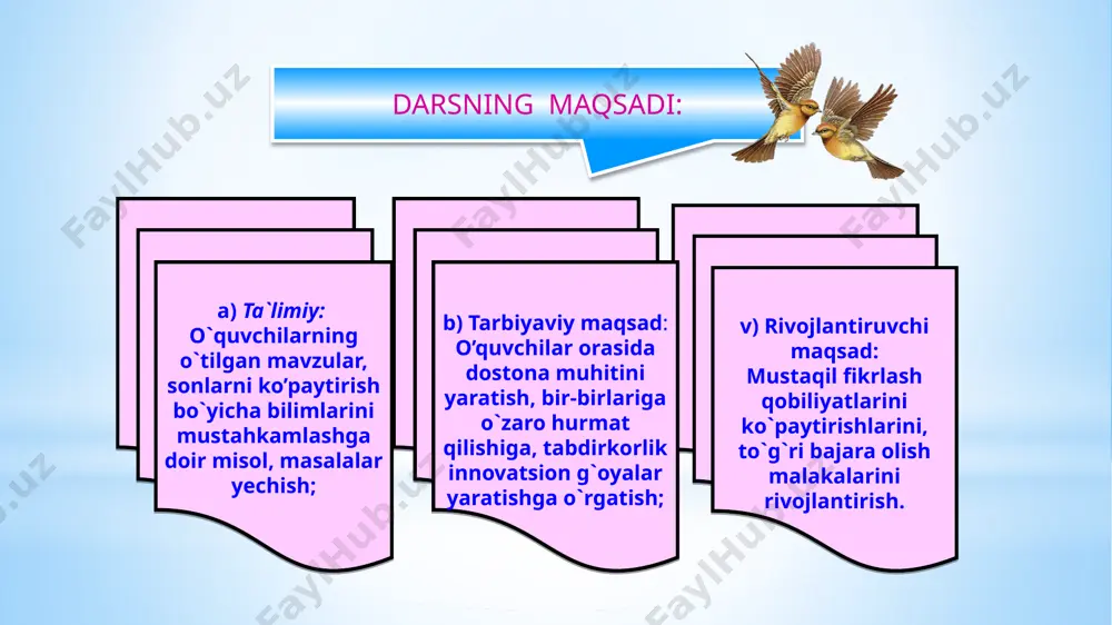 kamol avlod bo`lib tarbiyalanishlari, jismonan yetuk bo`lishlari, yoshlar ma`naviyatini yuksaltirish, bo`sh vaqtlarini mazmunli tashkil etish bo`yicha 5 ta muhim tashabbus ishlab chiqildi. “biz bo’lamiz birinchi, qani, yetib ko’ringchi. dars qilganmiz hamma vaqt, bizga bo’lar baland taxt”. “biz ham ortda qolmaymiz, so’nngi o’rin bo’lmaymiz. chiqing, maydon kutmasin, qimmatli vaqt o’tmasin”. “bizni chetga surmangiz, bellashishdan qo’rqmangiz. kamtar kamol derlar, haddingizdan oshmangiz” yosh olimlar kichik tadbirkorlar bilimdonlar guruhlar taqdimoti: tushuntirib hisoblang: 6000: 6 600 60 6000 o‘tgan mavzuni takrorlash: mantiqiy masalalar yangi mavzu: ko`p xonali sonlarni ikki xonali sonlarga yozma ko`paytirish daftaringizga yozing aziz o`quvchi ! 619-misol ko`paytmani qanday topganingizni tushuntiring 620-misol ko`paytmani qanday topganingizni tushuntiring 78x54 856x43 406x59 7268x19 621-masala 622-masala yangi mavzuni mustahkamlash: topishmoqlar: dam olish daqiqasi: matematik maqollar bahsi xotira mashqi uyga vazifa c 8 10 17 93 246 732 37xc 42xc 50xc ushbu taqdimotni namangan viloyat xalq ta’limi boshqarmasi uchqo`rg`on tuman xtb ga qarashli 24-sonli umumta’lim maktabi boshlang‘ich sinf …