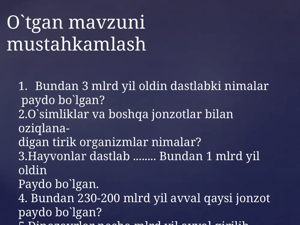 bo`lishi zarur. harakatlanish tirik organizmlar uchun xos bo`lgan muhim xususiyatlar- dan biri tirik organizmlarning ozuqa zanjiri o`yin.,, jonzotlarni ozuqasi tomon olib bor” daftaringizga tartib bilan yozing vazifa tirik organizmlar haqida qo`shimcha ma’lumot to`plang image2.png image3.jpeg image4.jpeg image5.jpeg image6.jpeg image7.png image8.jpeg image9.jpeg image10.jpeg image11.jpeg image12.jpeg image13.jpeg image14.jpeg image15.jpeg image16.jpeg image17.jpeg image18.jpeg