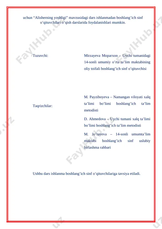 espublika boshlang’ich sinf o’qituvchilarining pedagogik o’qishida “boshlang’ich sinflarda ta’lim samaradorligini oshirish vazifalari” ma’ruzasi bilan ishtirok etdi. [image: ] [image: ] mavzu: alisherning yoshligi. oybek darsning maqsadi: ta’limiy maqsad: o’quvchilarning to’g’ri, ravon, ifodali va obrazli qilib o’qish malakalarini takomillashtirish, og’zaki nutqini o’stirish. tarbiyaviy maqsad: o’quvchilarni buyuk vatandoshlarimizga munosib avlod bo’lishga, ularning hayot yo’lidan ibrat olishga undash. o’quvchilarda yuksak ma’naviy–axloqiy fazilatlarni shakllantirish, buyuk ajdodlarimiz merosini qadrlash orqali ma’naviy barkamol shaxsni tarbiyalash. ularning qalbida o’qish, izlanishga ishtiyoqni kuchaytirish. rivojlantiruvchi maqsad: o’quvchilarda tirishqoqlik, intiluvchanlik sifatlarini rivojlantirish, xotirani mustahkamlash. darsning turi: yangi bilim beruvchi darsning metodi: suhbat, savol-javob, tushuntirish, “raqamlar tilsimi” metodi, “mosini top” o’yini, “so’zli tasavvurlar” mashqi, “menga so’z bering” metodi. darsning jihozlari: darslik, pirls test, 5 ta muhim tashabbusga slayd, multimedia vositalari. darsning borishi: tashkiliy qism: salomlashish; navbatchi hisobotini tinglash; ma’naviyat daqiqasi; o’quvchilarni 5 ta muhim tashabbus bo’yicha guruhlarga ajratib, nomlaymiz. 1-tashabbus bo’yicha “yosh ijodkor” guruhi; 2-tashabbus bo’yicha “ yosh sportchi” guruhi; 3-tashabbus …