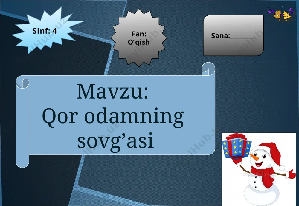 lib bo‘ladi. test topshiriqlari: 1. o‘tkirvoyning dadasi unga qanday ish buyurdi? a) qor odam yasashni b) qo‘y bilan sigirga yemish keltirishni d) ukasiga qarashni e) dadasini oyog‘ini uqalashni 2. kamoljon kimnikiga dalaga ketayotganlarini aytish uchun chiqdi? a) alishernikiga b) kozimnikiga d) qodirnikiga e) botirnikiga 3. bolalar nima yasashdi? a) o‘yinchoq b) sovg‘a d) qor odam e) hech narsa 4. kamoljonning akasi o‘sha yili qayerga ketdi? a) armiyaga b) ish qidirishga d) dalaga e) istirohat bog‘iga 5. qor odamning sovg‘asi nima edi? a) gullar b) to‘kin-sochinlik d) o‘tkirvoyning qaytishi e) tol daraxti mavzuni o’qib takrorlab kelish! uyga vazifa: