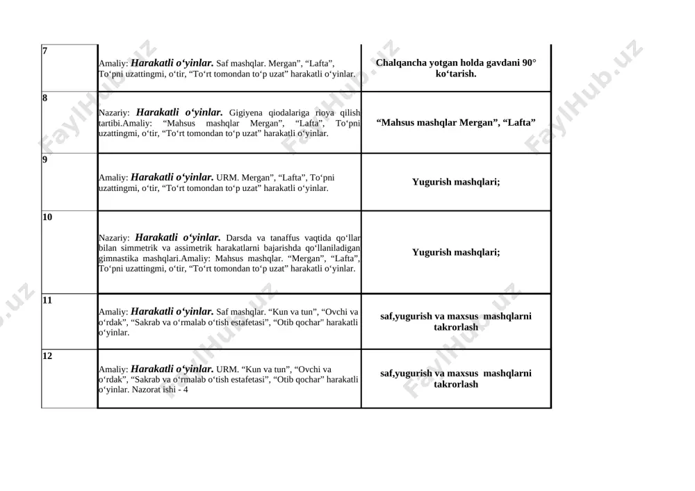 jarishda qo‘llaniladigan gimnastika mashqlari.amaliy: mahsus mashqlar. “mergan”, “lafta”, to‘pni uzattingmi, o‘tir, “to‘rt tomondan to‘p uzat” harakatli o‘yinlar. yugurish mashqlari; 11 amaliy: harakatli o‘yinlar. saf mashqlar. “kun va tun”, “ovchi va o‘rdak”, “sakrab va o‘rmalab o‘tish estafetasi”, “otib qochar" harakatli o‘yinlar. saf,yugurish va maxsus mashqlarni takrorlash 12 amaliy: harakatli o‘yinlar. urm. “kun va tun”, “ovchi va o‘rdak”, “sakrab va o‘rmalab o‘tish estafetasi”, “otib qochar” harakatli o‘yinlar. nazorat ishi - 4 saf,yugurish va maxsus mashqlarni takrorlash 13 nazariy: gimnastikar: gimnastika turlari va sport aniomlaridan foydalanish tartibi.amaliy: mahsus mashqlar. akrobatika mashqlarni bajarish. “qaldirg‘och” turish, oldinga umbaloq oshish. turnikda tortilish. “qaldirg‘och” turish, oldinga umbaloq oshish. turnikda tortilish. 14 gimnastikar: amaliy: mahsus mashqlar. akrobatika mashqlarni bajarish. “qaldirg‘och” turish, oldinga umbaloq oshish. turnikda tortilish. “qaldirg‘och” turish, oldinga umbaloq oshish. turnikda tortilish. list1