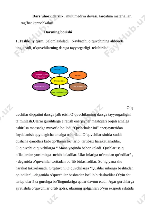 ng yana shu harakat takrorlanadi. o’qituvchi o’quvchilarga “qushlar inlariga beshtadan qo’ndilar”, -deganida o’quvchilar beshtadan bo’lib birlashadilar.o’yin shu tariqa ular 5 ta guruhga bo’lingunlariga qadar davom etadi. agar guruhlarga ajratishda o’quvchilar ortib qolsa, ularning qolganlari o’yin eksperti sifatida jalb etiladi va ular o’yin davomida guruhlar ishlarini baholab boradilar. tanlangan guruhlar quyidagicha nomlanishi mumkin. [image: c:\users\fenix\pictures\bezimyanniy.png] ii.o’tilgan mavzuni mustahkamlash.uyga vazifalar o’quvchilar tomonidan o’qiladi, doskada yozib qo’yilgan javoblar bilan solishtiriladi. o’qituvchi uyga vazifa qilib berilgan 6- masalani tekshirishda masalaning qisqa shartiva yechilishi aks etgan slaydni namoyish etadi. keltirildi 10 kg dan- 5 yashik sotildi – 40 kg behi qoldi-?kg behi [image: c:\users\fenix\appdata\local\microsoft\windows\temporary internet files\content.word\20200209_200506.jpg] yechish: dastlab yashikdagi behilar og’rligini topamiz: 1) 10*5=50 ( kg ) 2) 50-40=10 ( kg ) javob: 10 kg behi qoldi. 7- misolni ham o’quvchilar doskada yechib, daftarlaridagi bilan solishtiradilar. (18+17):5=35:5=7 (65-25):8=40:8=5 5*(6+4)=5*10=50 (79-34):5=45:5=9 (19+16):7=35:7=5 4*(7+3)=4*10=40 o’qituvchi “ko’paytuvchilarini top”mashqidan foydalanib, o’quvchilarga kartochkalarga yozilgan ko’paytmalarni ko’rsatadi.o’quvchilar misollarni yechib ko’paytuvchilarini topadilar.masalan …