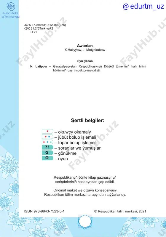 berip bilýän. ?! soraglar we ýumuşlar: 1. hekaýa edijiniň öýi, baglary, mellegi hakynda näme aýdyp bilersiňiz? 2. fermada nämelere ideg edilýär eken? 3. atlaryň nähili reňkleri bolýar eken? 4. fermadaky öý haýwanlary sagdyn ösmegi üçin nämeler etmeli? 5. öýüňizdäki haýwanlar barada gürrüň beriň. 6. öý haýwanlaryny degişli hatara ýazyň. iri şahly mallar ownuk şahly mallar guşlar 1. 2. 3. 4. 5. 6. 7. atlara goýulýan nähili lakamlary bilýärsiňiz? depderiňize ýazyň. söz – esasy dil birligi bolup, ol aýratyn bir düşünjäni aňlatmak üçin ulanylýar. sözler bogunlara bölünýär. meselem: mu-gal-lym, og-lan, gül. gönükmeler işlemek ýadyňyza salyň! söz seslerden emele gelýär. @edurtm_uz 5 g gönükme 1. hekaýajygy okaň. soňra hekaýa jykda näçe söz bardygyny aýdyp beriň. gyşda gyşyna günler gysgalýar. howa sowuk bolýar. suwlar doňýar. çagalar buzda taýyp oýnaýarlar. gardan adam ýasaýarlar. g gönükme 2. aşakdakylary okaň we göçüriň. her bir sözüň nähili many aňladýandygyna üns beriň. meniň adym bahar. kakamyň ady kemal. …