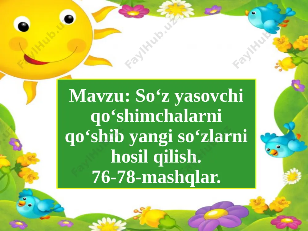 rdir. 2 yangi ma’noli so‘z hosil qiladigan qo‘shimchalar ( ) belgi bilan ko‘rsatiladi. 3 ma’no jihatdan umumiy qismga ega bo‘lgan so‘zlar asosdosh so‘zlardir. 4 asosdosh so‘zlar uchun umumiy qism asos deb nomlanadi. tushunchalar tahlili so‘z yasovchi qo‘shimchalar orqali ot, sifat, fe’l so‘z turkumlari ham yasalishi mumkin. kitob(ot) – kitobxon(ot) gul(ot) – gulli(sifat) ish(ot) – ishla(fe’l) uy vazifa:78-mashq image1.png image2.jpeg image3.jpeg image4.png image5.jpeg image6.png image7.jpeg image8.png image9.jpeg image10.jpeg image11.jpeg