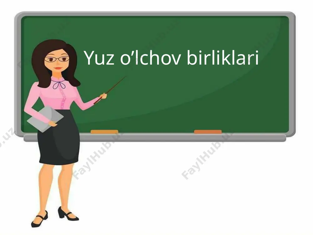 1m² =100cm =100cm s=100·100=10 000 cm² 1m² =10 000 cm² 1-masala 2) xonaning bo‘yi 4 m, eni esa 3 m. xonaning yuzini kvadrat metrlarda ifodalang. 3) sinf xonasining bo‘yi va enini o‘lchang. uning yuzini kvadrat metrlarda toping. 3 m 4 m s=4x3=12m² 2-masala tomoni 5 m bo‘lgan kvadrat shaklidagi xonaga bo‘yi 4 m, eni esa 3 m bo‘lgan to‘g‘ri to‘rtburchak shaklidagi palos to‘shaldi. bu xonaning necha kvadrat metrini palos qoplamaydi? 5m 5 m 4m 3m ? yechish: xonaning yuzini toping palosning yuzini toping xona yuzidan palos yuzini ayiring 3-misol 280 · 96 : 42 156 750 : 75 1 0 100 – 43 268 : 58 · 6 4-masala qishloqdan shaharga qarab piyoda va u bilan bir vaqtda shahardan qishloqqa qarab velosipedchi yo‘lga chiqdi. qishloq bilan shahar orasidagi masofa 34 km. piyoda bilan velosipedchi 2 soatdan keyin uchrashdi. piyoda 4 km/h tezlik bilan yurgan bo‘lsa, velosipedchining tezligini toping. 34km 4km/h …