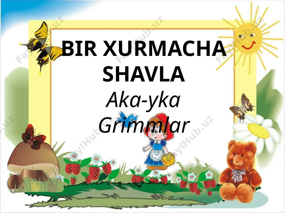 to ko‘chalar ham shavlaga to‘lib ketibdi, u hamon to‘x-tamay shavla pishiraveribdi. onasi juda ham qo‘rqib ketib, qizchasi huzuriga yugurib ketibdi. lekin yo‘lda issiq shavla daryo bo‘lib oqqani uchun o‘tish juda qiyin ekan. yaxshiyam qizchasi uydan uzoqda emas ekan. qizcha ko‘chadagi voqeadan xabardor bo‘lib, darrov uyga yuguribdi. juda qiyinchilik bilan kelib, eshikni ochibdi va: «bir, ikki, uch, pishirishdan kech», — deb qichqiribdi. shunda xurmacha shavla pishirishdan to‘xtabdi. ammo xurmacha shunday shavla pishiribdiki, kimning qishloqdan shaharga borishiga to‘g‘ri kelgan bo‘lsa, unga shaharga yetguncha bu shavla kifoya qilar ekan. hech kim bundan shikoyat qilmabdi. chunki shavla juda shirin va mazali ekan. matn yuzasidan savollar 1.qizcha o’rmonga nima uchun borgan edi? qo’ziqorin terishga do’stlari bilan o’ynashga maymunjon terishga 2.kampir nima uchun qiz- chaga xurmacha sovg‘a qildi? tug’ilgan kuni bo’lgani uchun minnatdorchilik bildirib qizcha so’ragani uchun 3.kampir va qizcha haqida qanday fikrdasiz? qizcha: kampir: 4.xurmachaning qanday xususiyati bor edi? 5.xurmachani ishga tushu- rish qanday so’zlarni …