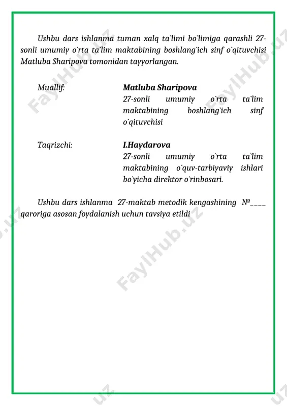 o`qituvchi :5tashabbus haqida nimalarni bilib oldingiz ? o`quvchilar tomonidan 5tashabbus haqida she`r aytiladi. [image: d:\mohichehra\bog`chalarga oid ko`rgazmalar\20188888888888888888\telegram\img_20200710_123228_234.jpg] o`qituvchi:o`quvchilar 4-sinflarga dtslarida qanday talablar qo`yilgan? o`quvchilar: -biz 1daqiqada 55-60 so`zni o`qiy olishimiz kerak. -ravon chiroyli o`qishimiz kerak. -o`z o`qiganlarimizdan xulosa chiqarib fikrimizni aniq ravon bayon qila olishimiz kerak. ii. o`tilgan mavzuni mustahkamlash. o`tilgan mavzu: “sassiqpopushak” hikoyasi [image: ᐈ ptitsa udod: [opisanie i foto] kak viglyadit, gde obitaet, samets i samka] uyga topshiriq: savollarga javob yozish. sassiqpopishak rasmini chizish. savollarni o`quvchlar o`qiydilar va javob beradilar. o`tilgan mavzuni pirls mashg`uloti orqali mustahkamlaymiz. 1.”sassiqpopishak”hikoyasining muallifi kim? a)a.navoiy b)s.g`ofurov d)oybek 2.hikoyadagi voqealar yilning qaysi faslida bo`ladi? __________________ 3.qo`yidagi gaplarni hikoya sodir bo`lgan voqeylik ketma-ketligida raqamlab chiqing. 1-raqam siz uchun qo`yilgan. -sovuq. 1-dekabr oyi. -qahraton qishning hujumi boshlangan. -qor yog`gan. -katta –kichik ariqlardan tortib katta anhorlargacha muzlagan. 4.nima uchun hasan o`zini haqligini isbotlamoqchi bo`ldi? o`rtoqlarini qanday laqab qo`yishidan qo`rqdi? javobingizni bir so`z bilan ifodalang. _____________________ 5.bahsga sababchi …