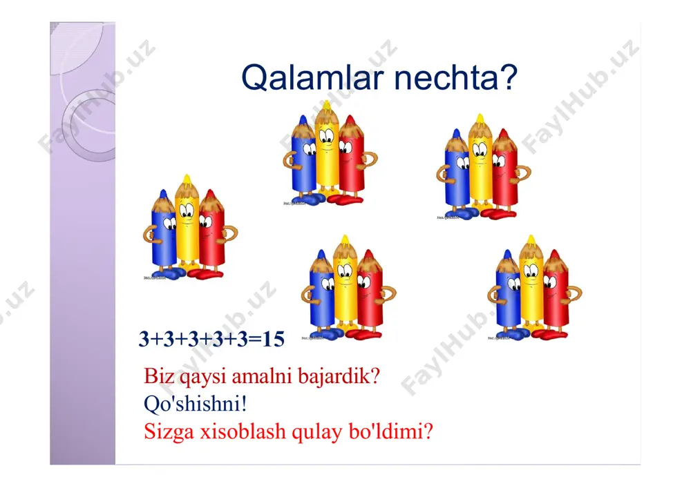 mponentlar kiradi? " tarkibida zararli komponentlai bor, degan jumlani qanday tushunish mumkin? " ko'paytirish komponentlarini siz qanday tushunasiz? gapirib bering.? ozgina tarix haqida ! «ko'paytirish» so'zi bir necha marta ko'paytish, boyitish ma'nolarini o'z ichiga olib, ko'p so'zidan kelib chiqqan, so'zlarni farqlang: materiallarni ko'paytirish, boylikni ko'paytishish, kuchni ko'paytirish ! "ko'paytiruvchi" demak, biron narsani ko'pga aylantiradi, boyitadi, ko'paytiradi. ko'paytiruvchi sonni necha marta takrorlanishini yoki necha marta ko'payishini ko'rsatadi. ! "ko'paytma" so'zi ko'paytirishdan xosil bo'lgan yakuniy natijani ko'rsatadi. ko'paytirish va ko'paytma ko'paytirish –bu arifmetik harakat ko'paytma – bu ko'paytirish natijasi savollarga javob bering #ko'paytirish nima degani? #qo'shish va ko'paytirish qanday bir biriga bog'liq? (predmetlar yoki rasmlar yordamida ko'rsatib tushuntiring) ## komponent so'zini qanday tushaniz? #ko'paytirish komponentlari qanday nomlangan? #har bir komponent nimani ko'rsatadi? #matematik operatsiya nima? #ko'paytirish ko'paytmadan qanday farq qiladi? 67 05 e'tiboringiz uchun rahmat!