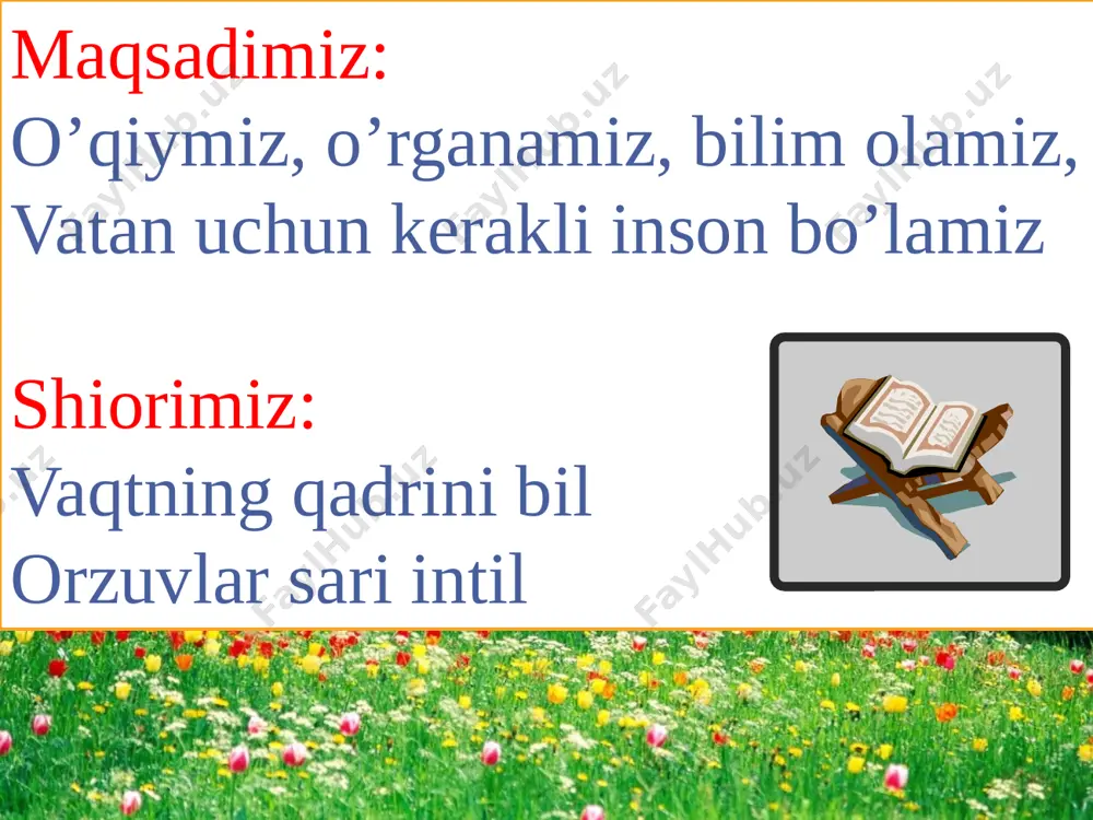 birliklari deyiladi) 285 4. quyidagi sehrli kvadratchalarni to‘ldiring. 170+160+120=450 150+160+140=450 130+120+200=450 130+140+180=450 180+170+100=450 450 153 = 100 + 50 + 3; 226 = 345 = 582 = 738 = 895= davlat madhiyasi serquyosh, hur o’lkam, elga baxt najot, sen o’zing do’stlarga yo’ldosh, mehribon. yashnagay to abad ilmu, fan ijod, shuhrating porlasin toki bor jahon. naqarot oltin bu vodiylar jon o’zbekiston, ajdodlar mardona ruhi senga yor. ulug’ xalq qudrati jo’sh urgan zamon, olamni mahliyo aylagan diyor. bag’ri keng o’zbekning o’chmas iymoni, erkin, yosh avlodlar senga zo’r qanot. istiqlol mash’ali, tinchlik posboni, haqsevar, ona yurt, mangu bo’l obod. naqarot oltin bu vodiylar jon o’zbekiston, ajdodlar mardona ruhi senga yor. ulug’ xalq qudrati jo’sh urgan uyga vazifa davlat madhiyasi serquyosh, hur o’lkam, elga baxt najot, sen o’zing do’stlarga yo’ldosh, mehribon. yashnagay to abad ilmu, fan ijod, shuhrating porlasin toki bor jahon. naqarot oltin bu vodiylar jon o’zbekiston, ajdodlar mardona ruhi senga yor. ulug’ …