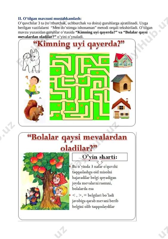 uzasidan guruhlar o’rtasida “kimning uyi qayerda?” va “bolalar qaysi mevalardan oladilar?” o’yini o’ynaladi. [image: ] [image: ] daftar tarqatishda "tezkor savol"o'yidian foydalanaman har bir o'quvchiga kopaytirish va bo'lishga doir bittadan savol bergman ular tezlikda faqat javobini aytadilar kechiksa navbatdagi o'quvchiga o'tib ketiladi qaysi guruh xammasiga tez javob bersa rag'bat berib boriladi. iii. yangi mavzu bayoni: 1. rasm asosida misol tuzing va uni yeching: [image: ] [image: ] [image: ] 5 • 3 = 15 ko‘paytirishning hadlarini yodda tuting: 5 • 3 = 15 birinchi ikkinchi ko‘paytma ko‘paytuvchi ko‘paytuvchi ko‘paytirishning hadlari uning komponentlaridir. 5 bilan 3 ning ko‘paytmasi 15 ga teng. ko‘paytiriladigan sonlar ko‘paytuvchilar deyiladi. ko‘paytirishdan hosil bo‘ladigan son ko‘paytma deb ataladi. 2. misollarni yeching: 8•2=16 9•3=27 6•4=24 3•3=9 1•8=8 3. ko‘paytirishga oid misollarni qo‘shishga oid misollar bilan almashtiring. namuna: 6 · 5 = 6 + 6 + 6 + 6 + 6 4•3=4+4+4=12 7• 2=7+7=14 5•4=5+5+5+5=20 3•5=3+3+3+3+3=15 iv. yangi mavzuni …