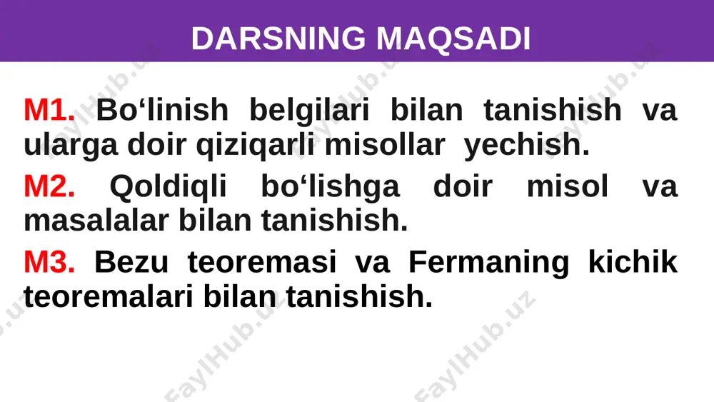 ramiz. bundan qoldiq: 1 quyidagi sonini 8 ga bo‘lgandagi qoldiqni toping. qoldiqli bo‘lish 6-misol sonini 101 ga bo‘lgandagi qoldiqni toping fermaning kichik teoremasi: va ekub(a, p)=1 ga teng bo‘lsa, ni p ga bo‘lgandagi qoldiq 1 ga teng bo‘ladi. yechish: bu yerda , , ekub(3,101)=1 fermaning kichik teoremasiga murojaat qilsak, natijada qoldiq 1 ga tengligini ko‘rishimiz mumkin. qoldiqli bo‘lish 7-misol ni tub ko‘paytuvchilarga ajratganimizda p- tub sonning darajasi quyidagiga teng. bu yerda [a] - a sonning butun qismi natural sonlar bo‘lsa, ning eng katta qiymatini toping. 2 = 78 ni hosil qilishimiz mumkin. qoldiqli bo‘lish matnli masalalar qoldiqli bo‘lish 8-misol ushbu ko‘paytma nechta 0 (nol) bilan tugaydi? buning uchun ning oxiri nechta nol bilan tugashini topib olamiz. endi sonlar ko‘paytmasi nechta nol bilan tugashini topamiz. bu yerda [ ]-sonning butub qismi 503 ta 124 ta 379 ta javob: 379 ta nol bilan tugaydi. 11 matnli masalalar mustaqil ishlash uchun topshiriqlar 1. …