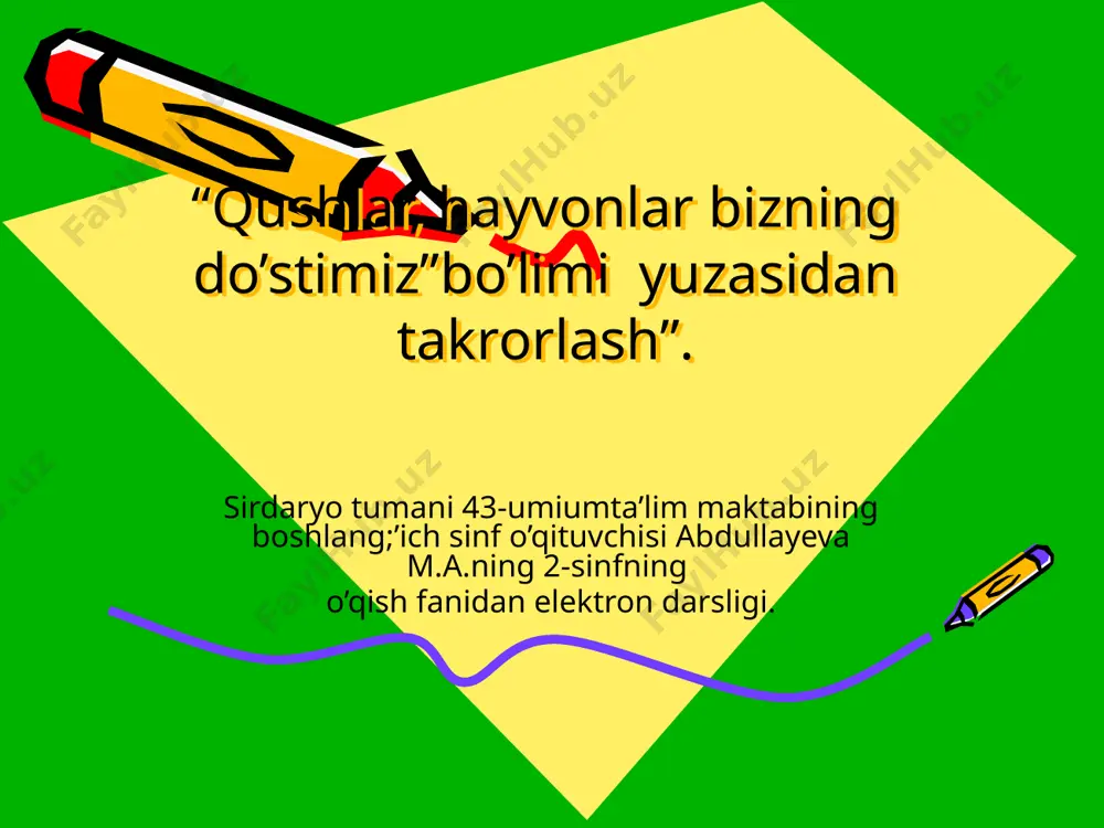 r yayrashar, sho’x bulbullar yayrashar. momaqaymoq va chuchmoma so’zlarini quyidagi katakchalarga joylashtiring: kamalak so’zidagi ikki harf o’rniga boshqa harflarni qo’yib, bahor taomlaridan birining nomini hosil qiling. sumalak 1.bahor faslida qanday o’zgarishlar bo’ladi? 2. bo’limdagi qaysi she’rda yoki hikoyada bahor tasvirlangan? 3.qaysi matnlarda onajonlarimiz haqida yozilgan? 4.bahorda ulug’ ajdodlarimizdan kimlarning tavallud kunlari nishonlanadi? aqliy hujum she’r va tez aytishlarni davom ettiring. toza havo… tozalik sog’likning… birni o’rsang… bahor keldi… ko’ngil bilan tilni to’g’ri… qurilishda terak kerak,demak… bahorgi harakat… lola alalaydi,sora… bilimli bola-bilolmi?... g’ani gildirakni … guruhlar olgan gullari jamlanadi va rag’batlantiriladi. uyga vazifa. bahor mavzusiga oid rasm chizish, she'r yozish va aplikatsiya tayyorlash. e'tiboringiz uchun rahmat image1.jpeg image2.wmf image3.wmf image4.wmf image5.jpeg image6.jpeg image7.jpeg image8.jpeg image9.jpeg image10.jpeg image11.jpeg image12.jpeg image13.jpeg image14.jpeg image15.jpeg image16.jpeg image17.jpeg image18.jpeg image19.jpeg image20.jpeg image21.jpeg image22.jpeg image23.jpeg image24.jpeg image25.jpeg image26.jpeg image27.jpeg image28.jpeg image29.jpeg image30.jpeg image31.jpeg image32.wmf