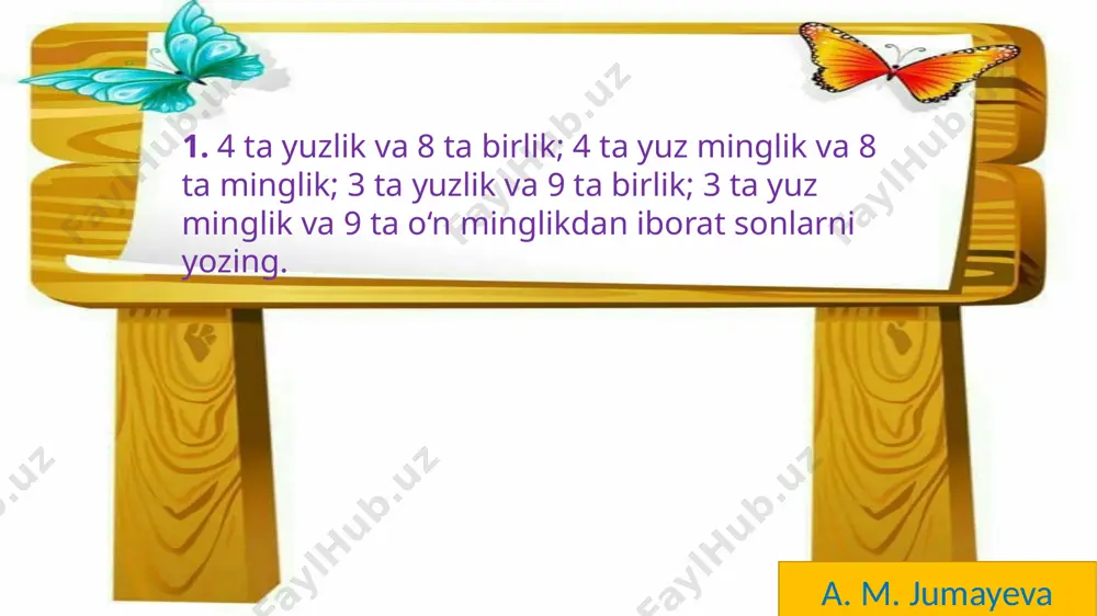 g. 10 yuz ming keyingi (yettinchi) xona birligini—millionni tashkil qiladi. a. m. jumayeva yodingizda tuting! agar biror xonada nol turgan bo‘lsa, sonni o‘qishda shu xona nomi tushirib qoldiriladi. 1. 1) 9 yuz ming sonini yozing. unga yana 1 yuz mingni qo‘shing. 10 yuz ming keyingi (yettinchi) xona birligini—millionni tashkil qiladi. a. m. jumayeva 2) birinchi (ikkinchi, uchinchi) ustundagi sonlarning nimasi bir-biriga o‘xshaydi va nimasi bilan farq qiladi? 1. 1) 9 yuz ming sonini yozing. unga yana 1 yuz mingni qo‘shing. 10 yuz ming keyingi (yettinchi) xona birligini—millionni tashkil qiladi. a. m. jumayeva 4. shuhrat „matematika“ fanidan uy vazifasini bajarishga bir soatning ikkidan bir qismini sarfladi. u uy vazifasini bajarish uchun necha minut sarflagan? soatni minutda ifodalash yordamida masala yechimini toping. 6-7-misol va masalalar uyga vazifa. image1.jpg image2.png image3.jpg image4.png