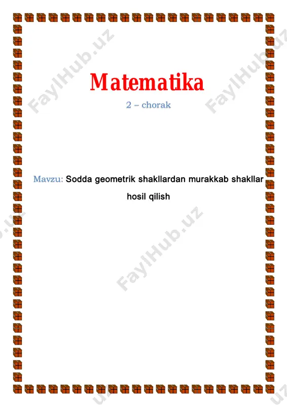 larni almashtirish. ii. o`tgan mavzuni mustahkamlash. o`tilgan mavzu yuzasidan savol-javob o`tkazish, uy vazifasini bajarilishini tahlili o`tkazilib no`to`g`ri bajarilgan misollar yuzasidan ko`rsatma beraman. iii yangi mavzu bayoni hayvonchalar qanday shakllardan hosil bo‘lgan? naqshlar qanday shakllardan hosil bo‘lgan? ularni qayerlarda uchratgansiz? hisoblaymiz. 30-15=15-5=10-5=5-5=0 25-15=10-5=5-5=0 24-4=20-10=10-10=0 65-35=30-15=15- 15=0 iv. yangi mavzuni mustahkamlash. mavzu yuzasidan bilimlarni mustahkamlash dars davomidagi misol va masalalarni ishlash savol javob orqli bilimlarni mustahkamlash birinchi rasmda 4 sonining ko‘zguda ko‘rinishi aks etgan. ko‘zgularning aynan shu holatida 5 soni qanday ko‘rinishda bo‘ladi? v. o`quvchilarni rag`batlantirish. darsni yakunlash.: darsda faol qatnashgan, doskada misol masala bajargan va birinch bo`lib bajargan o`quvchilarni baholayman. uyga vazifani e`lon qilaman. v. o`quvchilarni rag`batlantirish. darsni yakunlash.: darsda faol qatnashgan, doskada misol masala bajargan va birinch bo`l ib bajargan o`quvchilarni baholayman. uyga vazifani e`lon qilaman. vi. uyga vazifa: kattalar yordamida rangli qog‘ozlardan shakllar yasaymiz.