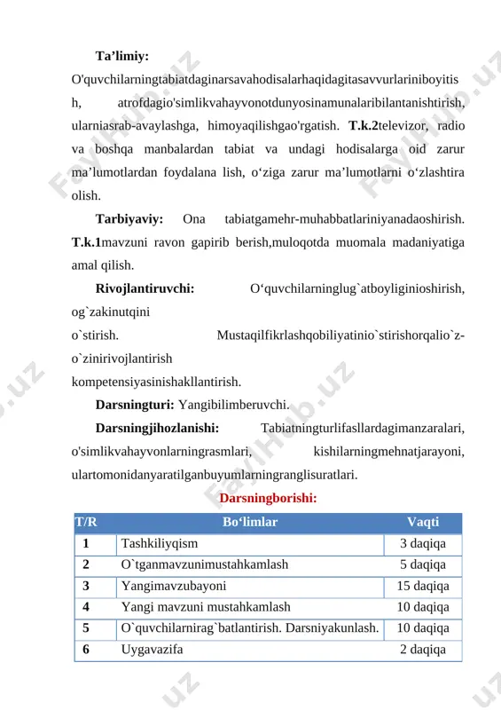 sulidanfoydalanish ham mumkin. atrofimizdagiolamnimadegansavolgabolalarjavobberadi. o'qituvchistrelkalarto'g'risigayozaboshlaydi. sinfguruhlargabo’linadi 1-guruh:buxoro 2-guruh:samarqand 3-guruh:toshkent 4-guruh:xorazm guruhlartaqdimotio’tkaziladi ”mohihrquruvchi” metodidabaholanadi.harbirto’g’rijavobuchung’ishtchalarberibborilishiaytiladi.darsso’ngidaengbalandminoraningsohiblarig’olibbo’lishita’kidlanadi. ”kashfiyotchirassom” harbirguruhdanbiro’quvchikashfiyotchirassom deb belgilanadivaguruhnomigaxosrasmchizishiso’raladi. 1-guruh:qishfaslitabiatidagio’zgarishlar 2-guruh:harakatlarstrategiyasi 3-guruh:2018-yil haqida 4-guruh:muhimsanalarniinglizvarustilidaaytishadi ”everestgachiqish”,bundaengbalandtog’lar,tog’larnomivauzunligiaytiladi. qushmaketiniyasaydi. globus maketiniyasaydi quyoshmetodi yangimavzunibayonetish. atrofingizdaqandayo‘simliklarniko‘ryapsiz? ularningo‘xshashvafarqlijihatlariniayting. o‘simliklarniqandayguruhlargaajratishmumkin? daraxt: • poyasibitta, yog‘ochlashgan; • poyasiharyiliyo‘g‘onlashadi; • shox-shabbagaega; • ko‘pyilliko‘simlik. [image: ] daraxtpoyasiningko‘ndalang [image: ]kesimidahalqasimonchiziqlar ko‘rinadi. bu chiziqlaryillikhalqalardir. yillikhalqalarsonigaqarab daraxtningyoshinianiqlash mumkin. daraxtningyoshinianiqlang. daraxto‘nyoshdankattamiyokikichikmi? buta: • birnechtayog‘ochlashganpoyagaega; • shox-shabbali; • ko‘pyilliko‘simlik. [image: ] [image: ] “ha”-“yo’q” o’yini [image: https://fsd.kopilkaurokov.ru/up/html/2020/04/19/k_5e9c1f221e383/547170_2.png] harbirguruhdanbittadano’quvchidoskaoldigachiqariadi. o’quvchilargako’zlariniyumishlariaytiladi. o’quvchilargarasmlarberiladi. o’quvchilarushburasmlarningnimaekanliginitopishlarikerakbo’ladi. o’quvchilarboshqalargasavolberadi. “bu mevami?”, “bu hayvonmi?”, “bu polizekinimi?”… o’tirgano’quvchilaresafaqat “ha” yoki ‘yo’q” deb javobberishadi. rasmniushlabturgano’quvchirasmdatasvirlangannarsanitopgunchao’yindavometadi. rasmdaginarsanominitopgano’quvchixattaxtagashunarsanominiyozadi. y