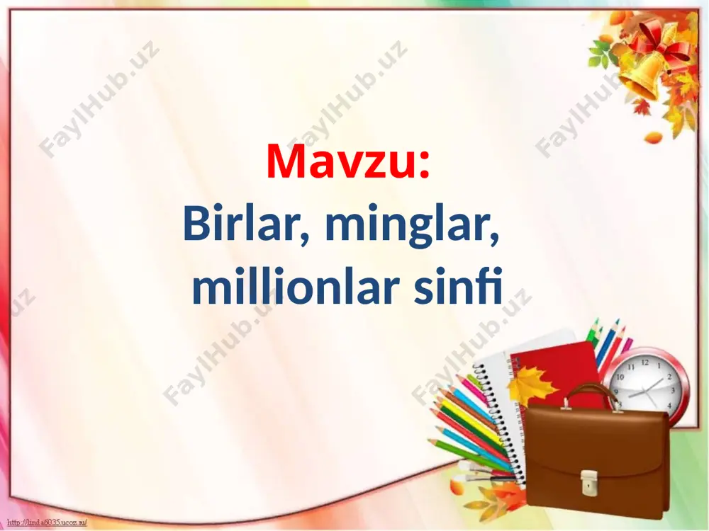 r. javob : 448 ming sonida 4 ta yuz minglik, 4 ta o‘n minglik va 8 ta bir minglik yoki oltinchi xonaning 4 birligi, beshinchi xonaning 4 birligi va to‘rtinchi xonaning 8 birligi bor. uyga vazifa: 6-7 – misol,masala e`tiboringiz uchun rahmat! image1.jpeg image2.jpeg image3.jpeg image4.jpeg image5.png image6.png