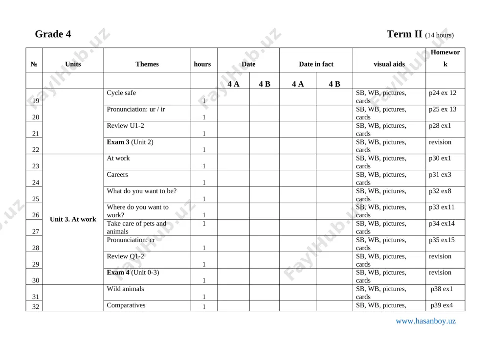 s) № units themes hours date date in fact visual aids homework 4a 4 b 4a 4 b 33 unit 4. wild animals comparatives 1 sb, wb, pictures, cards p40 ex7 34 write about favorite animal 1 sb, wb, pictures, cards p41 ex10 35 look after nature 1 sb, wb, pictures, cards p42 ex13 36 pronunciation: fr 1 sb, wb, pictures, cards p43 ex14 37 review u3-4 1 sb, wb, pictures, cards p46 ex1 38 unit 5. food and drink food and drink 1 sb, wb, pictures, cards p48 ex1 39 adverbs of frequency 1 sb, wb, pictures, cards p49 ex5 40 how often? 1 sb, wb, pictures, cards p50 ex7 41 lunch diary 1 sb, wb, pictures, cards p51 ex10 42 be clean around food 1 sb, wb, pictures, cards p52 ex13 43 pronunciation: ar 1 sb, wb, pictures, cards p53 ex14 44 exam 5 (unit 5) 1 sb, …