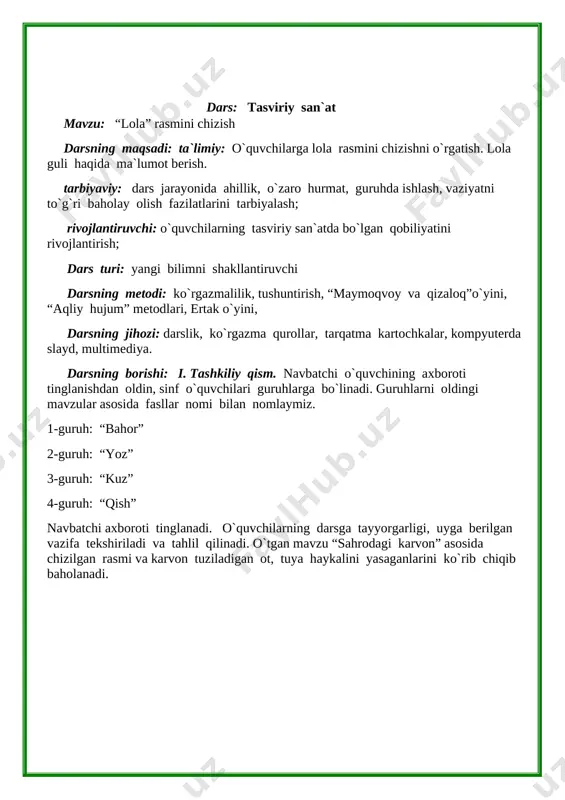 z tabiatida ko`proq qaysi rang ishlatiladi? 9. karvonlar nega tuziladi? 10. qish faslini chizganda qaysi rang ko`proq ishlatiladi? 11. karvon tuzishda qaysi hayvonlardan foydalaniladi? 12. qaysi hayvonlardan karvon tuzilsa foydaliroq… nega? savollarga to`g`ri javob bergan o`quvchilar rag`bat kartochkasi bilan taqdirlanadi. dars oxirida rag`bat yig`gan guruhlarning kartochkalari jamlanib hisoblanadi. ko`p ball yig`gan guruh g`olib hisoblanadi. iii. yangi mavzu bayoni. o`qituvchi yangi mavzuni e`lon qilishdan oldin, bolarlardan so`raydi. biz karvon so`zini qaysi fandan, qaysi matnda eshitganmiz? o`qish fanidan, “kichkina alisher” matnida. hozir qaysi oy? bu oyda qaysi ajdodlarimizning tug`ilgan kunlarini o`tkazamiz? alisher navoiy, zahiriddin muhammad bobor bobokalonlarimizning tug`ilgan kunlarini nishonlaymiz? hozir har bir guruhning oldiga mazayka portret berilgan shu qismlardan bobomiz zahiriddin muhammad boburning portretlarini tuzamiz. portretning ost qismida bobokalonimizning g`azal, baytlari berilgan sahna namoyishi tugaguncha shu misralarni yodlab, yoddan aytib berish sharti beriladi. sahna ko`rinishi: alisher navoiy bolalik paytlaridayoq juda ziyrak, aqlli, odobli bola bo`lgan ekan. u juda tiyrak bo`lganligi uchun …