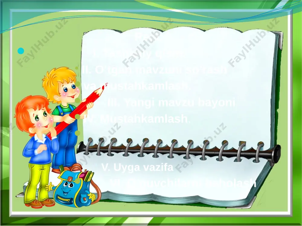 miz. 2. men quyosh botishini ko‘p kuzatganman. quyosh botayotganda alvon tusga kiradi. siz quyoshning botishini kuzatganmisiz? 3. biz yerni sabzavot ekish uchun tayyorladik. yerni chopdik, kesaklarni maydaladik. uyga vazifa yangi mavzu bayoni. 415- mashq. nuqtalar o‘rniga shaxs-son qo‘shimchalaridan mosini qo‘yib, matnni o‘qing. laylak odamga o'xshab so’zlabdi. (iii shaxs) — meni qo‘yib yubor. nima tilasang, shuni beraman. (i shaxs, birlik) laylak cholga qaynarxumcha, ochildasturxon, urto‘qmoqni beribdi. (iii shaxs, birlik) chol qaynarxumchadagi tillalarni beva-bechoralarga ulashibdi…(iii shaxs, birlik) . mustahkamlash. 416-mashq . she’rni ifodali o‘qing. she’r nimaning tilidan aytilgan? bahor so’zi (bahor fasli) tog‘lar bag‘ri — adirlarda lolaman, lovullayman. (lolasan, lovullaysan) ko‘piraman, guvullayman, (ko’pirasan, guvullaysan) sho‘x soyday shovullayman. (shovullaysan) uyg‘onaman, ko‘z ochaman, (uyg’onasan, ko’z ochasan) go‘zal, sirli tong bo’lib. tovlanaman kamalakday, (tovlanasan) turfa-turfa rang bo‘lib. ajratilgan fe’llarni ii shaxs birlikda tuslab, she’rni qayta o‘qing va yozing. she’r endi kimning tilidan aytildi? unga qanday sarlavha qo‘yish kerak? quvnoq daqiqa beshinchisi ortiqcha» topshirig‘i bajariladi. 0‘quvchilar …