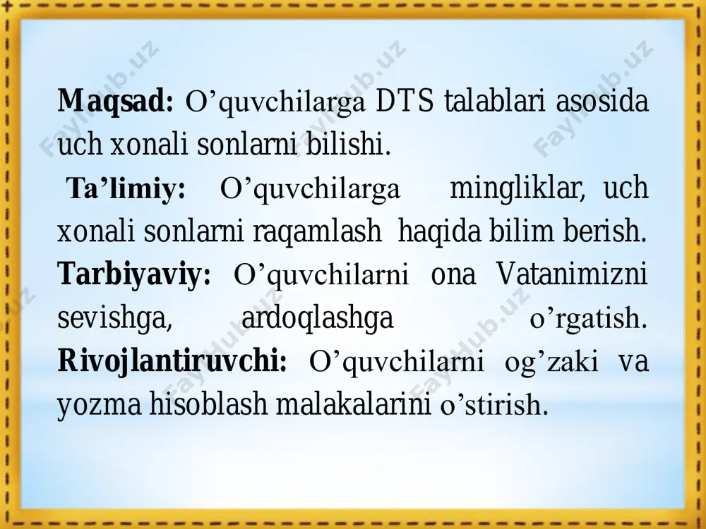 eta-1213.html http://smayli.ru/smile/cveta-1213.html http://smayli.ru/smile/cveta-1213.html http://smayli.ru/smile/cveta-1213.html http://smayli.ru/smile/cveta-1213.html http://smayli.ru/smile/cveta-1213.html http://smayli.ru/smile/cveta-1213.html http://smayli.ru/smile/cveta-1213.html http://smayli.ru/smile/cveta-1213.html http://smayli.ru/smile/cveta-1213.html http://smayli.ru/smile/cveta-1213.html http://smayli.ru/smile/cveta-1213.html http://smayli.ru/smile/cveta-1213.html http://smayli.ru/smile/cveta-1213.html http://smayli.ru/smile/cveta-1213.html http://smayli.ru/smile/cveta-1213.html http://smayli.ru/smile/cveta-1213.html http://smayli.ru/smile/cveta-1213.html http://smayli.ru/smile/cveta-1213.html http://smayli.ru/smile/cveta-1213.html http://smayli.ru/smile/cveta-1213.html http://smayli.ru/smile/cveta-1213.html http://smayli.ru/smile/cveta-1213.html http://smayli.ru/smile/cveta-1213.html http://smayli.ru/smile/cveta-1213.html http://smayli.ru/smile/cveta-1213.html http://smayli.ru/smile/cveta-1213.html http://smayli.ru/smile/cveta-1213.html http://smayli.ru/smile/cveta-1213.html http://smayli.ru/smile/cveta-1213.html http://smayli.ru/smile/cveta-1213.html http://smayli.ru/smile/cveta-1213.html http://smayli.ru/smile/cveta-1213.html http://smayli.ru/smile/cveta-1213.html http://smayli.ru/smile/cveta-1213.html http://smayli.ru/smile/cveta-1213.html http://smayli.ru/smile/cveta-1213.html http://smayli.ru/smile/cveta-1213.html http://smayli.ru/smile/cveta-1213.html http://smayli.ru/smile/cveta-1213.html http://smayli.ru/smile/cveta-1213.html tashkiliy qism o’quvchilar davomadi aniqlanadi, uyga berilgan vazifani aniqlash. i – guruh “tezlik” ii – guruh “masofa” iii – guruh “vaqt” topshiriq: mantiqiy misollar o’tilgan mavzunu mustahkamlash 7. tikuvchi 6 ta paltoga 5 tadan va 9 ta kastumga 4 tadan tugma qadadi. tikuvchi hammasi bo‘lib nechta tugma qadagan? berilgan yechish paltoga 6taga 5 tadan 6*5=30 9*4=36 9taga 4tadan 30+36=66 javob tikuvchi jami 66 ta tugmaga