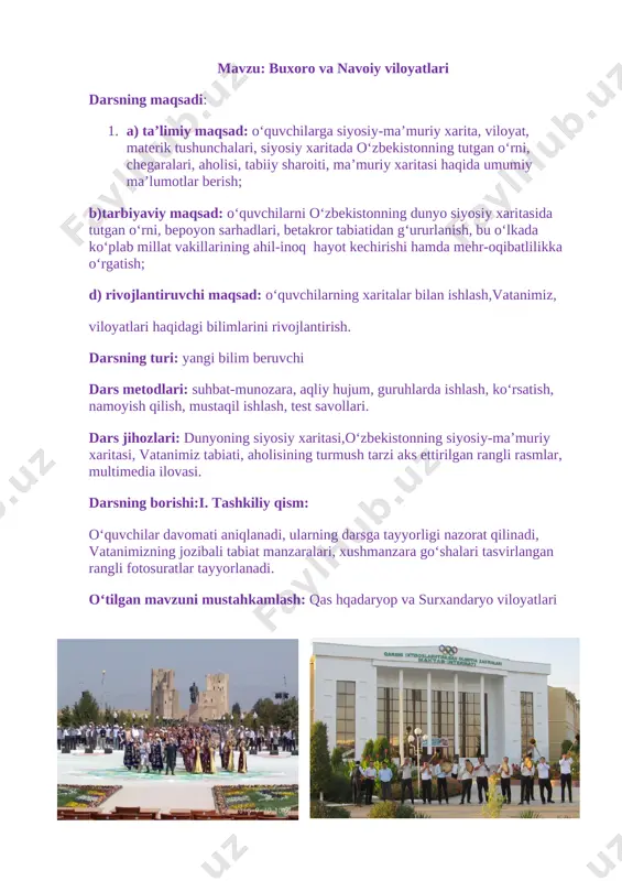 million 916 ming kishi- hbbffisw dan ortiq. viloyat markazi - buxoro dunyoga mash-hur bo‘lgan qadimiy shahardir (69-rasm). buxoro viloyatida kogon, romitan, vobkent, g‘ijduvon, qorako‘l, olot kabi shaharlar ham bor. viloyatning asosiy daryolari - amudaryo va za-rafshon. bu daryolardan chiqadigan kanal va ariqlar buxoro viloyatini suv bilan ta’minlaydi. viloyat hududida oltin, neft, tabiiy gaz, marmar, granit, ohaktosh, gips kabi foydali qazilma konlari mavjud. [image: ] [image: ]\ navoiy viloyatida quljuqtog‘, yetimtog‘, tomdi-tog‘, qozoqtog‘, ovminzatog‘, bo‘kantog‘ tog‘lari bor. viloyatining maydoni - 111 090 kv. km, \ aho­lisi - 992 ming kishi, markazi - navoiy shahri (70-rasm). viloyatda zarafshon, nurota, uchquduq kabi shaharlar ham mavjud. asosiy suv manbayi - zarafshon daryosi. viloyat- ni suv bilan ta’minlashda quyimozor, to‘dako‘l suv ombori ari, konimex kanalining ahamiyati katta. viloyat hududida oltin, kumush, volfram, neft, tabi­ iy gaz, marmar kabi foydali qazilma konlari bor. [image: ] tabiatni muhofaza qilish maqsadida qizilqumning amudaryo sohilida qizilqum davlat qo‘riqxonasi barpo …