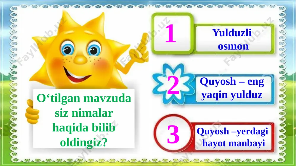 temasini yozuvsiz xaritaga chizing va sayyoralarning nomlarini yozing. mustaqil topshiriq e’tiboringiz uchun rahmat! mustaqil topshiriq image1.png image2.jpeg image3.jpeg image4.jpeg image5.png image6.jpeg