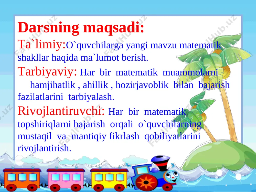 burchak uy vazifasini tekshirish quyosh chiqar olamga nurlarini sochgali, sening ila kitobdan sahifalar ochgali. ikki karra ikkini tezroq bilgin, bolajon, undan keyin yanada g`ayrat qilgin , bolajon. “yecholmayman ” demagin “qiyin” bo`lsa masala. yalqovlarda bo`lmaydi ishlamoqqa hafsala misollarni yechmoqqa sen doimo tirishgin, eplolmasang ilk marta, yana takror kirishgin. sonlar faqat o`shanda “sir”larini ochishar ular bilan do`stlashsang, yo`lingga nur sochishar matematika darsida biz: 7-misol 57 : 8 = 7 (1 qoldiq) 49 : 6 = 8 ( 1 qoldiq) 73 : 9 = 8 ( 1 qoldiq) 82 : 9 = 9 ( 1 qoldiq) 36 : 5 = 7 (1 qoldiq) 37 : 9 = 4 (1 qoldiq) 8-masala tomonlari 4 sm va 6 sm bo‘lgan to‘g‘ri to‘rtburchakni daftaringizga chizing. uning perimetrini toping. yechish: 4+6=10 10*2=20 matematik diktant 1.36 bilan 4 sonining yig`indisi nimaga teng? 2.kamayuvchi 95 ayriluvchi 5 ayirma nimaga teng? 3.birinchi qo`shiluvchi 48, ikkinchi qo`shiluvchi 30 yig`indi nimaga …