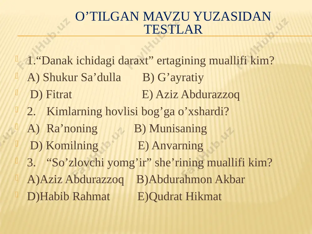hlash. yangi mavzuni mustahkamlash maqsadida “tinchlik qushi haqida men o’qigan she’r” she’rini navbat bilan ifodali o’qing. darslikdagi savollarni o’qib, ularga javob bering: -shoir she’rda tinchlik ramzi bo’lgan oq kabutarni nimaga o’xshatadi? -“qotil”, “battol”, “jallod”, “odamxo’r” so’zlarining ma’nosini izohlang. “kabutarlar” o’yini. ekranda berilgan savollarga ketma-ket javoblarni ko’rsating. eslatma: to’g’ri javob ko’rsatilgan tugma bosilsa, kabutar uchib chiqadi. darsga yakun yasash va o’quvchilarni baholash. darsda o’rganilganlar yuzasidan umumlashtiruvchi savol-javob o’tkazilib, dars yakunlanadi. o’quvchilar darsdagi ishtiroki va faolliklariga ko’ra baholanadi. ofarin barakalla harakat qil uyga vazifa. “tinchlik qushi haqida men o’qigan she’r” she’rini ifodali o’qish va yodlash. e’tiboringiz uchun tashakkur! image3.jpeg image4.gif image5.gif image6.gif image7.gif image8.gif image9.jpeg
