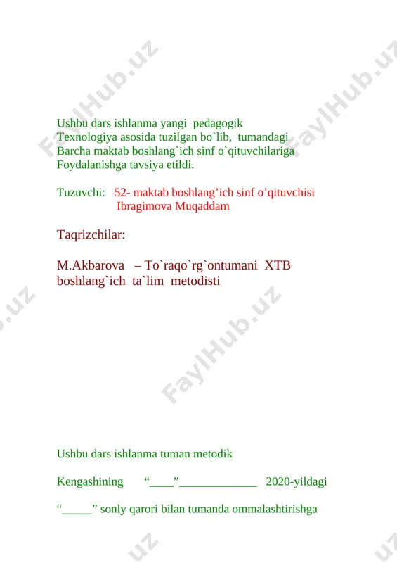 iy vaz.m.boburtavalludtopgan kun” 3. – davlatramzlarinibilasizmi? - ha, bayroq, gerb, konstitutsiya, madhiya o`quvchilartomonidanbirinchiprezidentimizningquyidagiso`zlariaytiladi: - “farzandlari sog`lom yurt – qudratlibo`lur” - “farzandlarimizbizdanko`rakuchli, bilimli, donovaalbatta, baxtlibo`lishlarishart” - boburmirzoandijondatug`ilganlar. uzoq yillarhindistondapodsholikqilganlar. bizga “boburnoma ”asarinivako`plabruboiylar qoldirganlar. - harkimkivafoqilsa, vafotopqusidir, harkimkijafoqilsa, jafotopqusidir. yaxshikishiyomonliqqilmagayhargiz harkimkiyomonbo`lsa, jazotopqusidir. * * * * * * darsmusobaqatarzidao`tilishiaytiblib, o`quvchilar 3 guruhgabo`linadilar: 1-guruh amir temur 2-guruh alishernavoiy 3-guruh mirzoulug`bek ii o`tilganmavzunimustahkamlash: uzoqo`tilganlarnimustahkamlab, harbirguruhga kompyuteryordamida 5 tadansavolo`qilib, javoblarrag`batkartochkasibilanbaholabboriladi. 1- guruhga 1. mamat akahovlisinisotmoqchibo`libdi… ushbuparchaqaysimatndanolingan? - “tandir” rivoyat. 2. qandayxalqniyengibbo`lmaydi? - ma`naviyatlixalqni. 3. yana xazonrezgilik, bog`larrangisiniqdi. ushbuparchaqaysishe`rdan? - “oltinkuz” t.adashboyev. 4. poyezd toshkentvokzalidasavlatto`kib turardi. - afrosiyobtezyurarpoyezdi. 5. hammasi ham yaxshiish. tag`ino`ylabko`raman. - “odambo`laman” a.obidjon. 2- guruhga 1. zuvalalaruzarman, patirgagulchizarman. - “non aziz” o.rasul 2. yolg`izqolma, yur biz bilan,-deyishibdibarglar. - “aytilganni…” l.mahmudov 3. erkishiningko`nglida egarlanganotbo`lur. - “vatan – mehrqo`rg`oni” iskandarrahmon. 4. dehqonto`ngicho`g`ligabirjufttovuq, o`rtanchasigabirjufto`rdak… - “ucho`g`il” ertak. 5. hovlimizningqoqo`rtasidaarchabor… - “tog` malikasi” zahrohasanova 3-guruhga 1. oyi, oroldegandengizborekan-a?... - “tozasuvoqsinorolga” 2. boburmirzoshe`rlaridan rang vaohangolgantilim. - “onatilim” t.adashboyev …