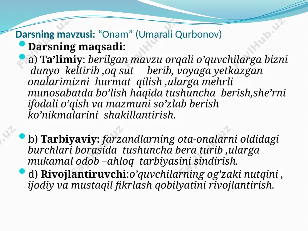 am alla aytsam ko’nmaydi , yig’lar “inga-inga”lab. boqmaydi hech yuzimga . yurak-bag’rim ezilar, “tobi qochgan,hoynahoy” yoshli ko’ziga qarab. dedim o’zim o’zimga. onam kelib oldilar , shunda qalbim charaqlab , yig’isi tindi-qoldi onajonim quchganman. go’yo yomg’ir o’rnini ta’zim qilib, bosh egib, kun chqib, oftob oldi. dildan qasam ichganman: shunda qalbim charaqlab , oyga uchsam, onamni onajonim quchganman. olib uchay kiftimda. ta’zim qilib, bosh egib, gard qo’dirmay bir umr , dildan qasam ichganman: ko’taraman kaftimda. o’quvchilar darslikdagi sh’rni ifodali o’qiydilar .ularga o’qiganlari yuzasidan savollar beriladi . she’r kimning nomidan aytilgan ? siz onangizga qanday yordam berasiz? o’qituvchi: onalarni e’zozlaymiz .ular biz uchun eng qadirli insonlardir ona –qanchalik ulug’va mo’tabar zot! onalardan viqor olgan quyosh haroratini o’ziga singdirgan. lug’at ishi tobi qochgan –kasal bo’lgan, betob bo’lgan kiftimda –yelkamda ,gavdaning bo’yindan qo’lgacha bo’lgan qismi. kaftimda –qo’limda, qo’lning bilak qismidan barmoqlargacha bo’lgan ichki qismi . “aqliy hujum” usulidan foydalanib o’quvchilarga quyidagi savollar berish orqali ularning …